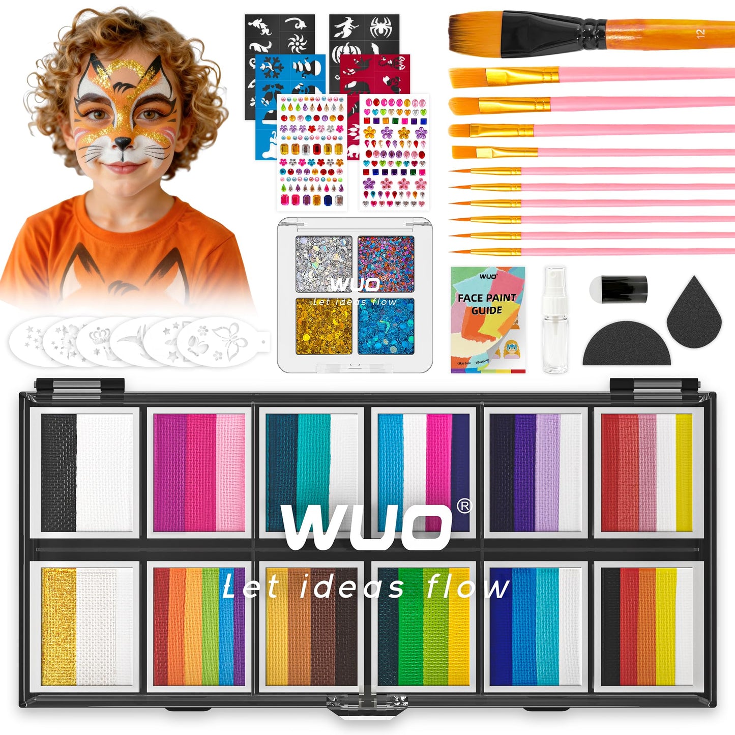 WUO Professional Face Painting Kit for Kids Adults, 12x10g Split Cake Face Paint Palette with Brushes Stencil Sponge One Stroke Non Toxic Rainbow Body Paint Set for Halloween Christmas Makeup