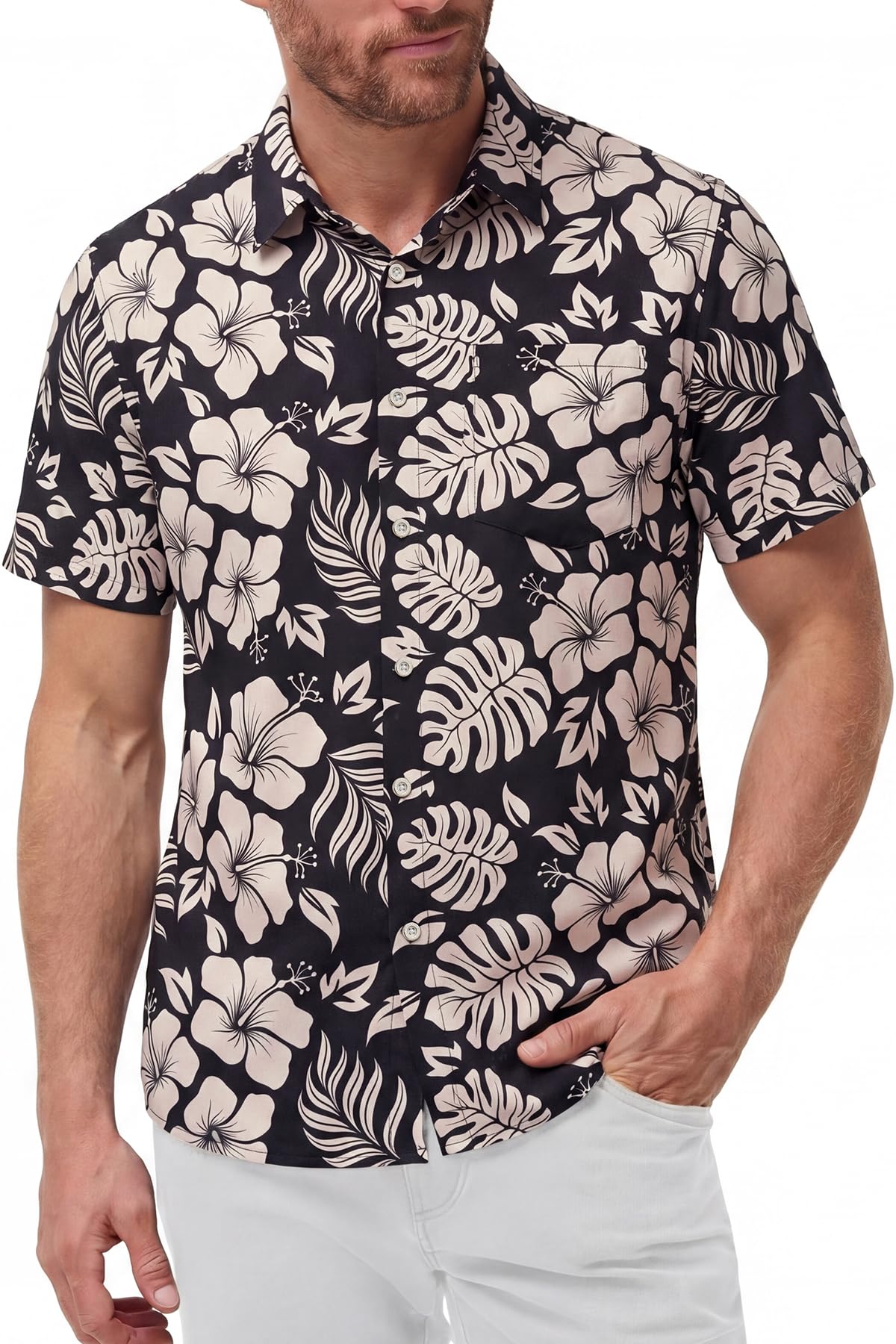 KYKU Mens Hawaiian Shirts Short Sleeve Button Down Summer Vacation Beach Shirts, Pleated Back, with Pocket