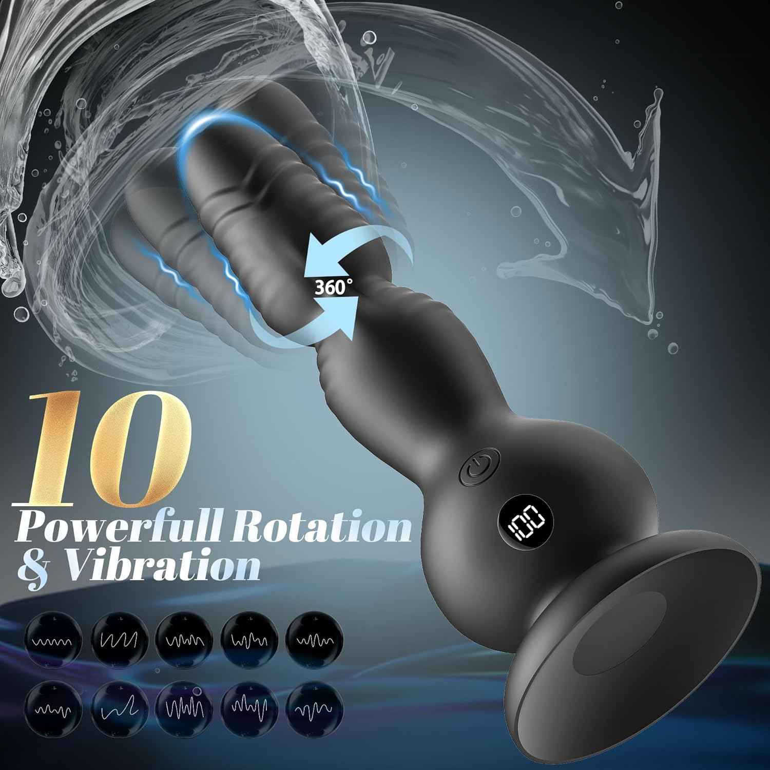 360°Rotation Anal Vibrators Prostate Massager, 10 Modes Rotating Vibrating Anal Beads LED Display Butt Plug with Remote Control, Strap-on Anal Sex Toys with Strong Suction Cup Adult Toys for Men