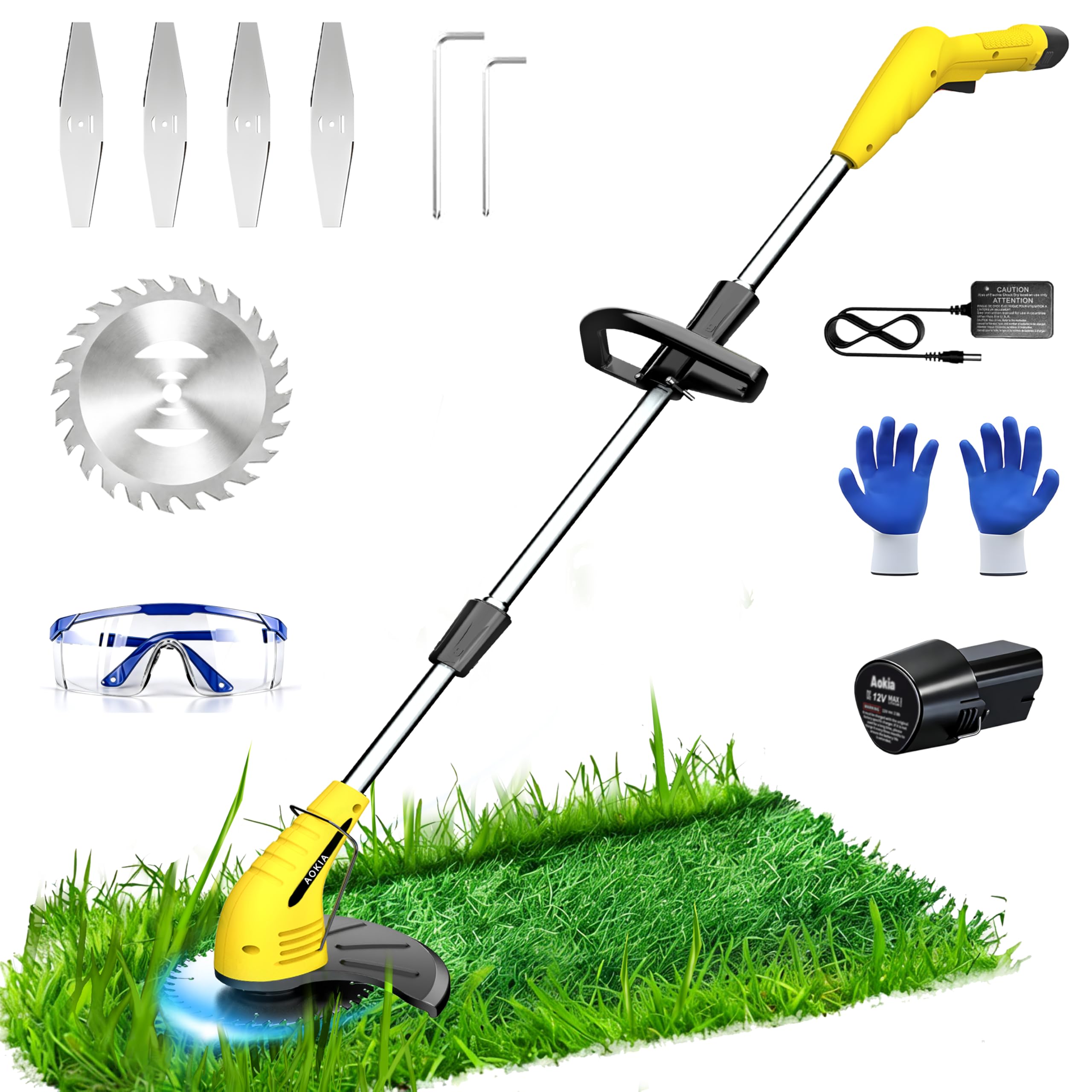 Aokia Electric Weed Wacker Cordless, 12V Battery Powered Weed Eater Cordless with Adjustable Pole (65inch), Lightweight Grass Trimmer Cutter/Edger/Mower with 2 Types Blade for Yard Lawn and Garden