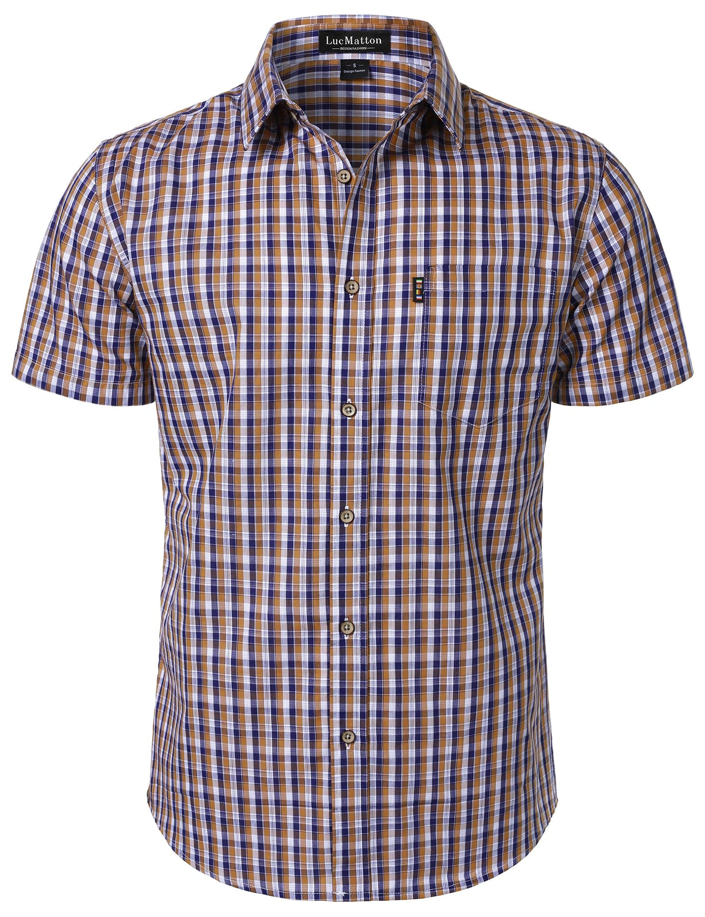 LucMatton Men's Gingham Short Sleeve Button Down Shirt Cotton Regular Fit Plaid Dress Shirts with Pocket