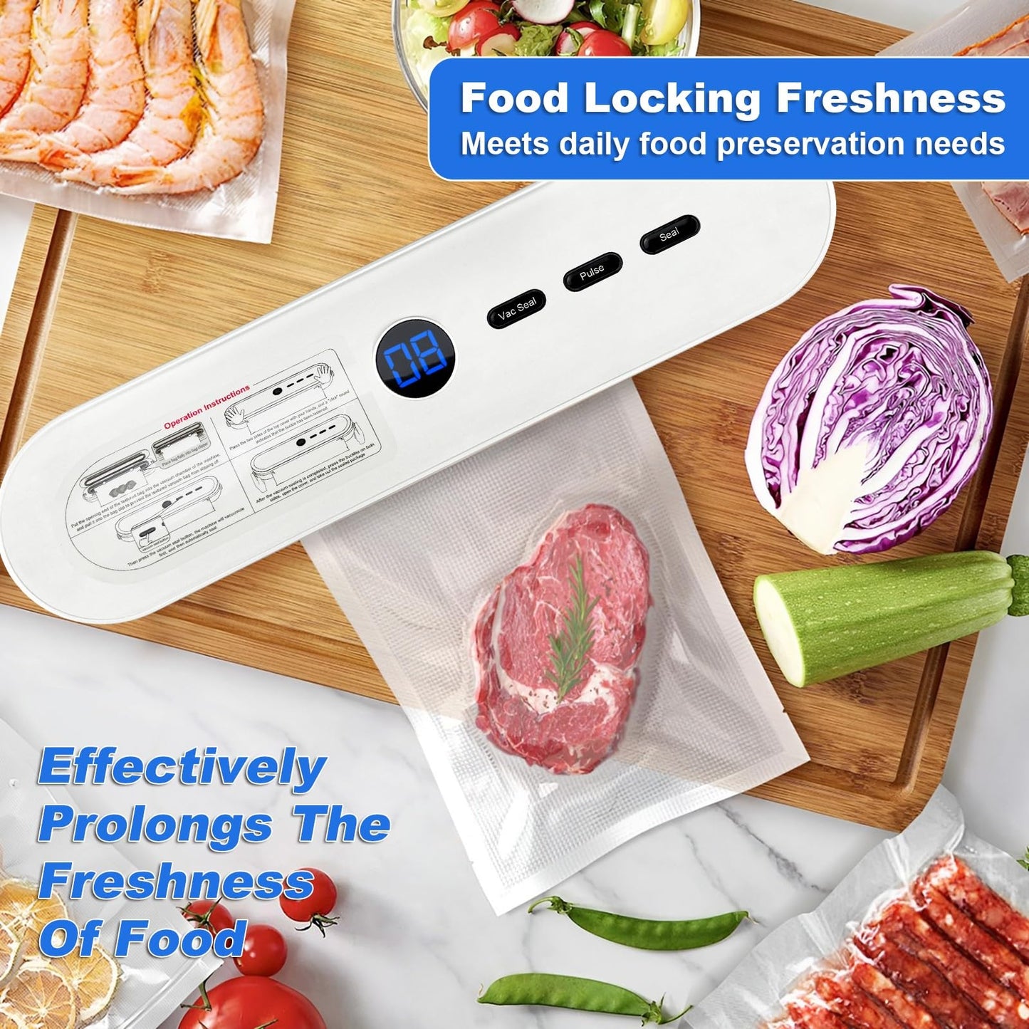 65KPa Automatic Food Vacuum Sealer,Small household vacuum sealer,food sealer,Digital Timer, Compact Design,with 10 Bags (white)