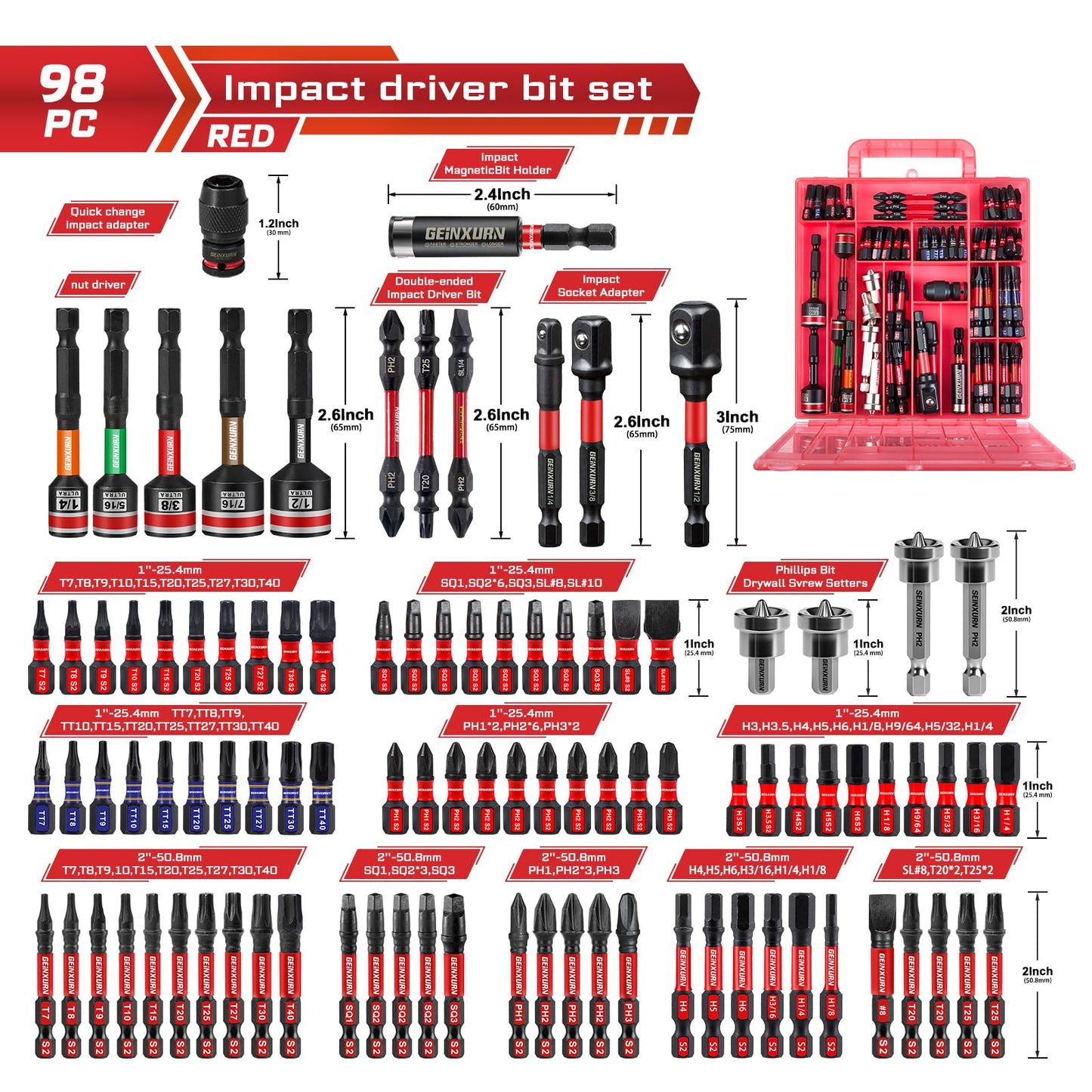 Impact driver bit set, plastic box