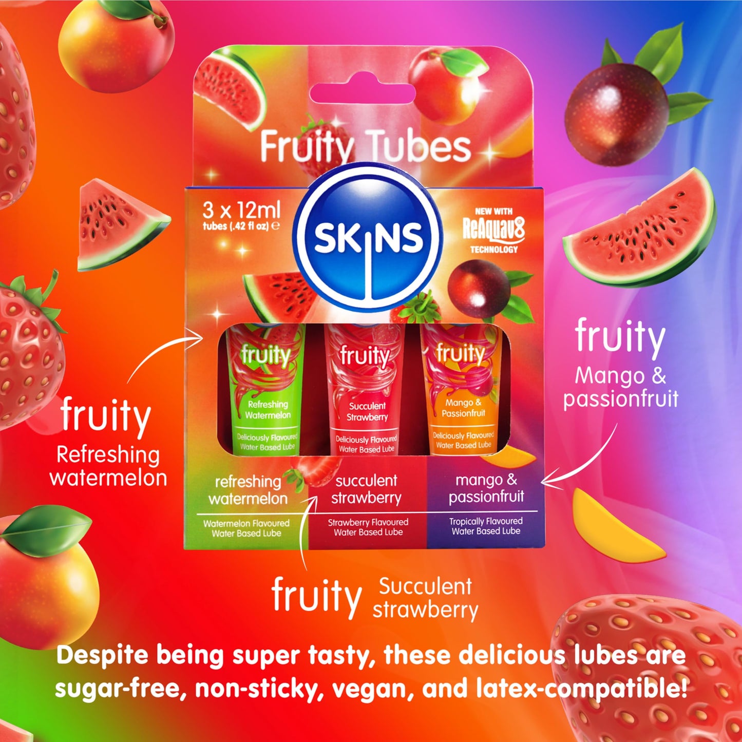 SKINS Flavored Lube Set - 3 Flavored Water Based Lubes - Fruity Edible Lubricant & Licks - Watermelon, Strawberry and Mango & Passionfruit Flavored Lube for Oral Pleasure & Intercourse