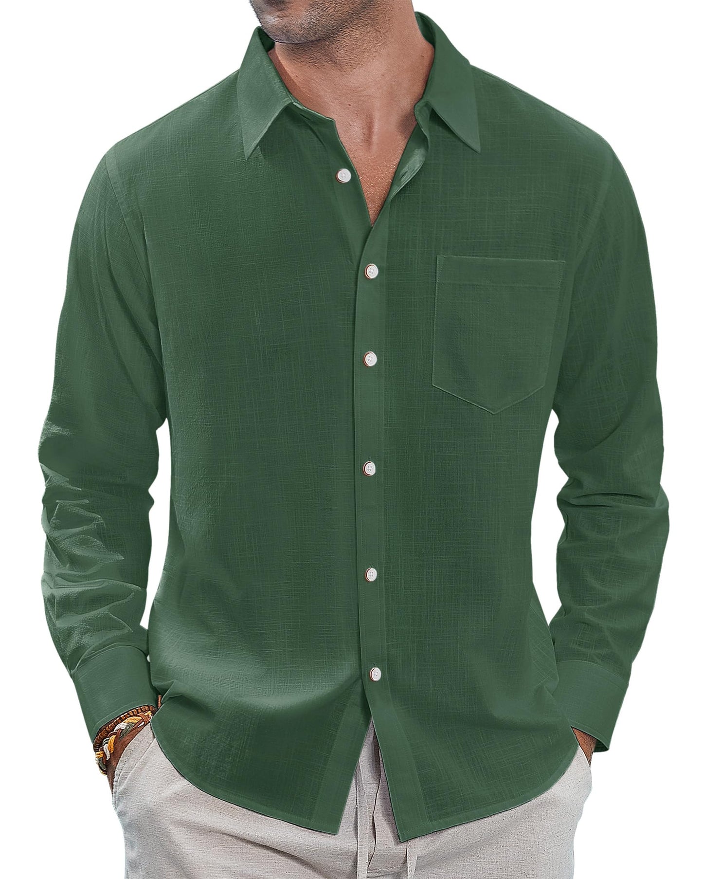 J.VER Men's Linen Shirts Casual Button Down Long Sleeve Shirt Solid Spread Collar Summer Beach Shirts with Pocket