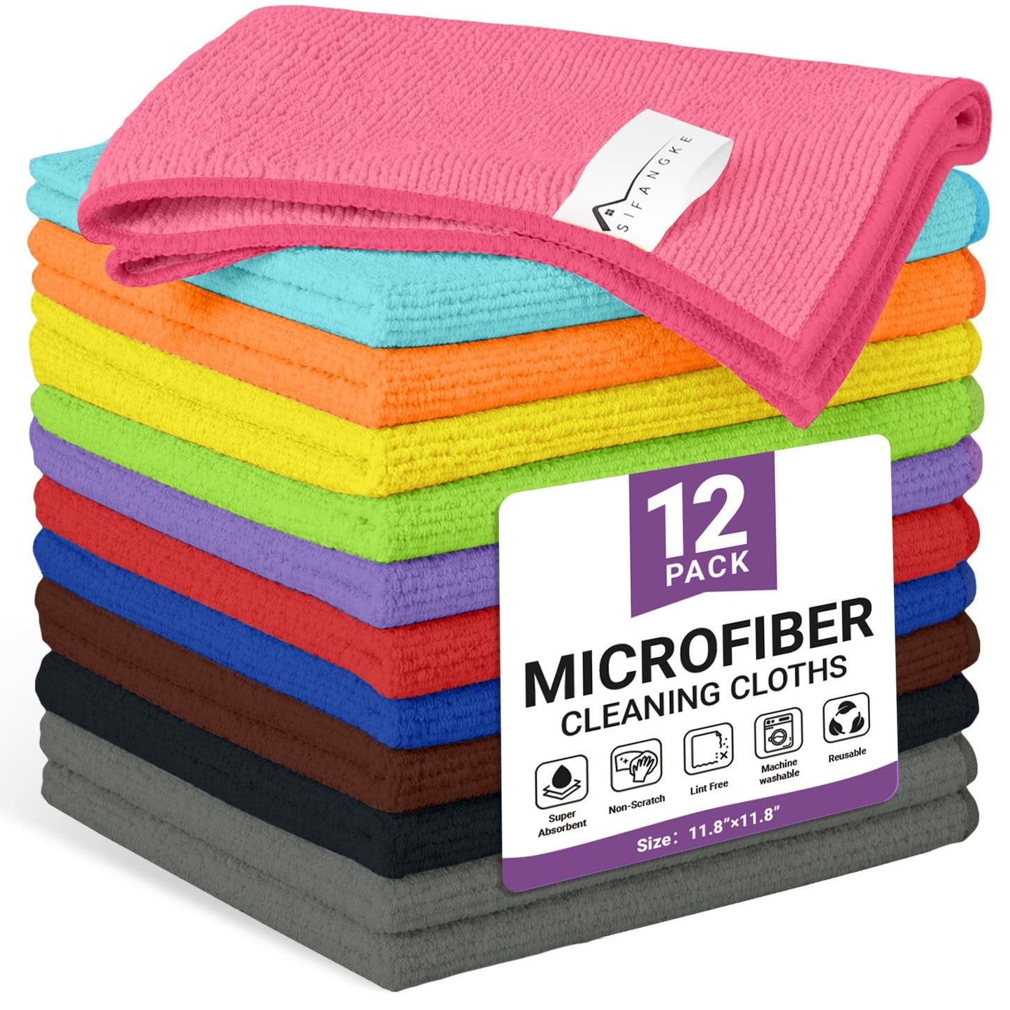 SIFANGKE Microfiber Cleaning Cloth, Lint-Free and Highly Absorbent Rags, Reusable Microfiber Towels for Car, Kitchen, Bathroom and Household Cleaning Supplies, 11.8"X11.8"