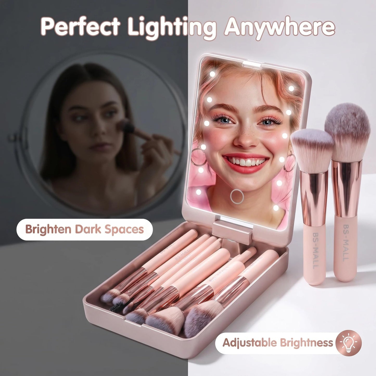 BS-MALL Travel Makeup Brush Set Foundation Powder Concealers Eye Shadows Makeup Set with LED light Mirror 14 Pcs