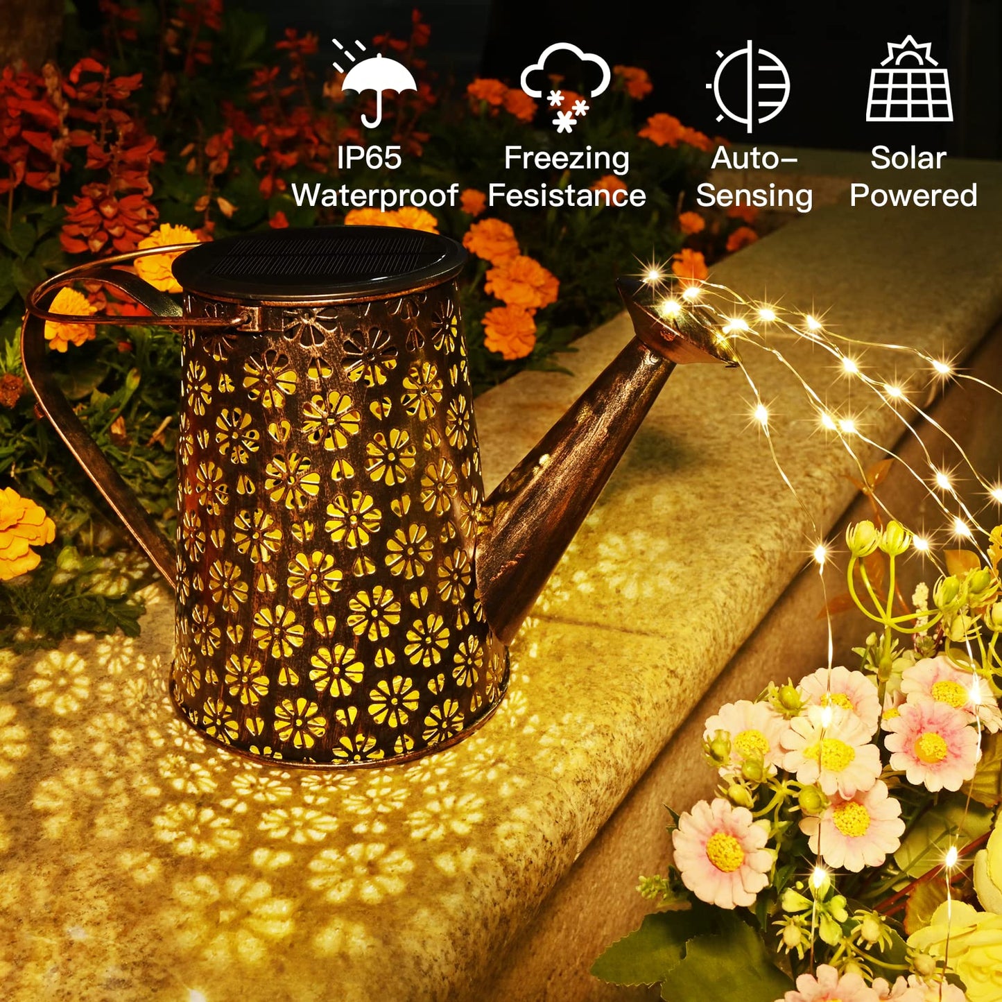 Afootry Solar Watering Can with Lights, Outdoor Garden Decor, Hanging Solar Lantern