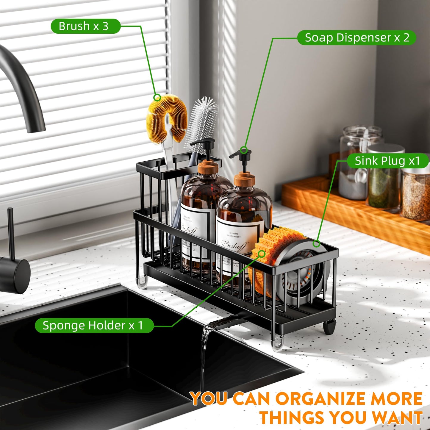 Cisily Sponge Holder for Kitchen Sink, Sink Caddy Organizer with High Brush Holder, Kitchen Countertop Organizers and Storage Essentials, Rustproof 304 Stainless Steel