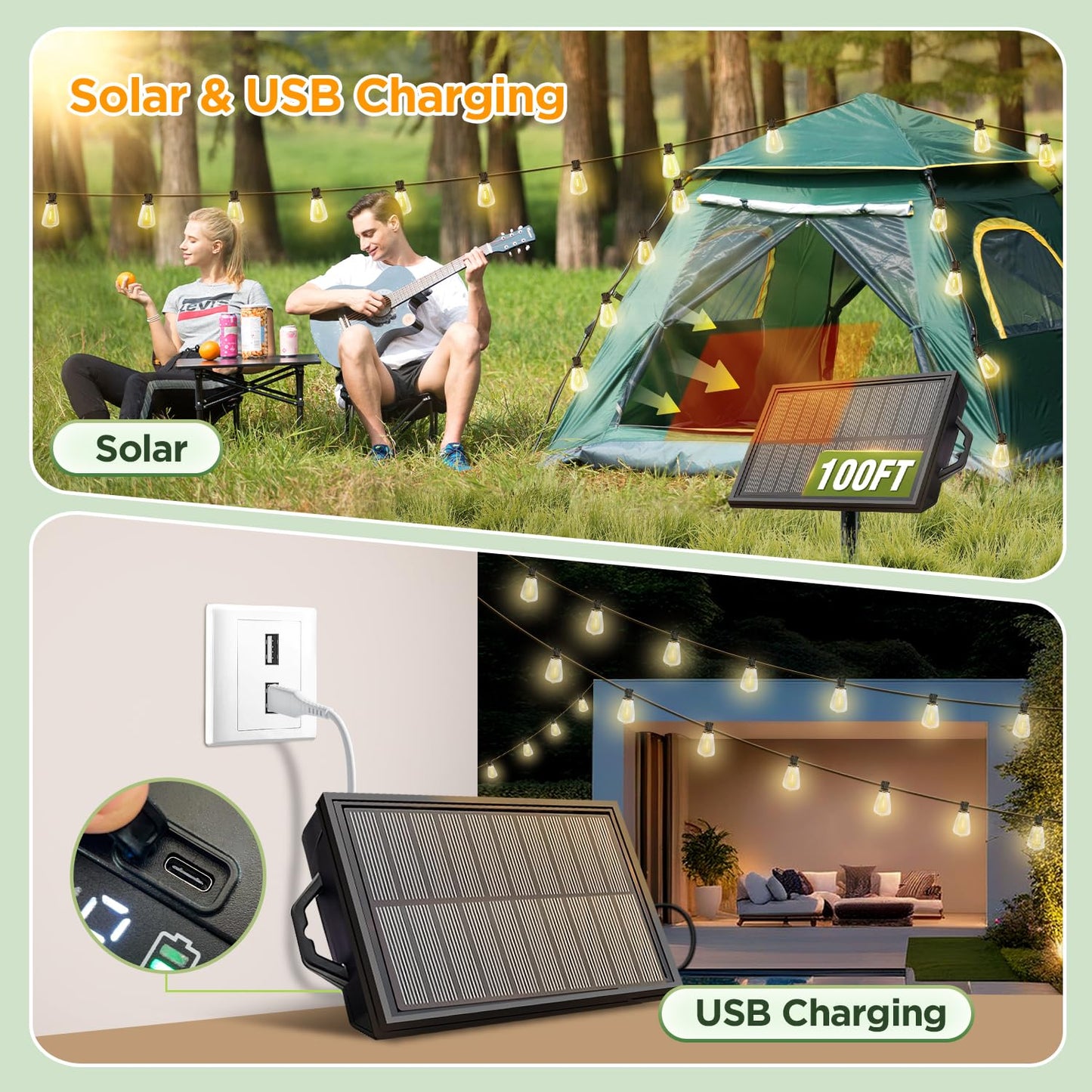 Skoiuc Solar String Lights Outdoor Waterproof with Remote & Timer, LED Shatterproof ST38 Bulbs, USB & Solar Powered Patio Lights for Backyard, Porch, Garden, Wedding, Christmas Decor