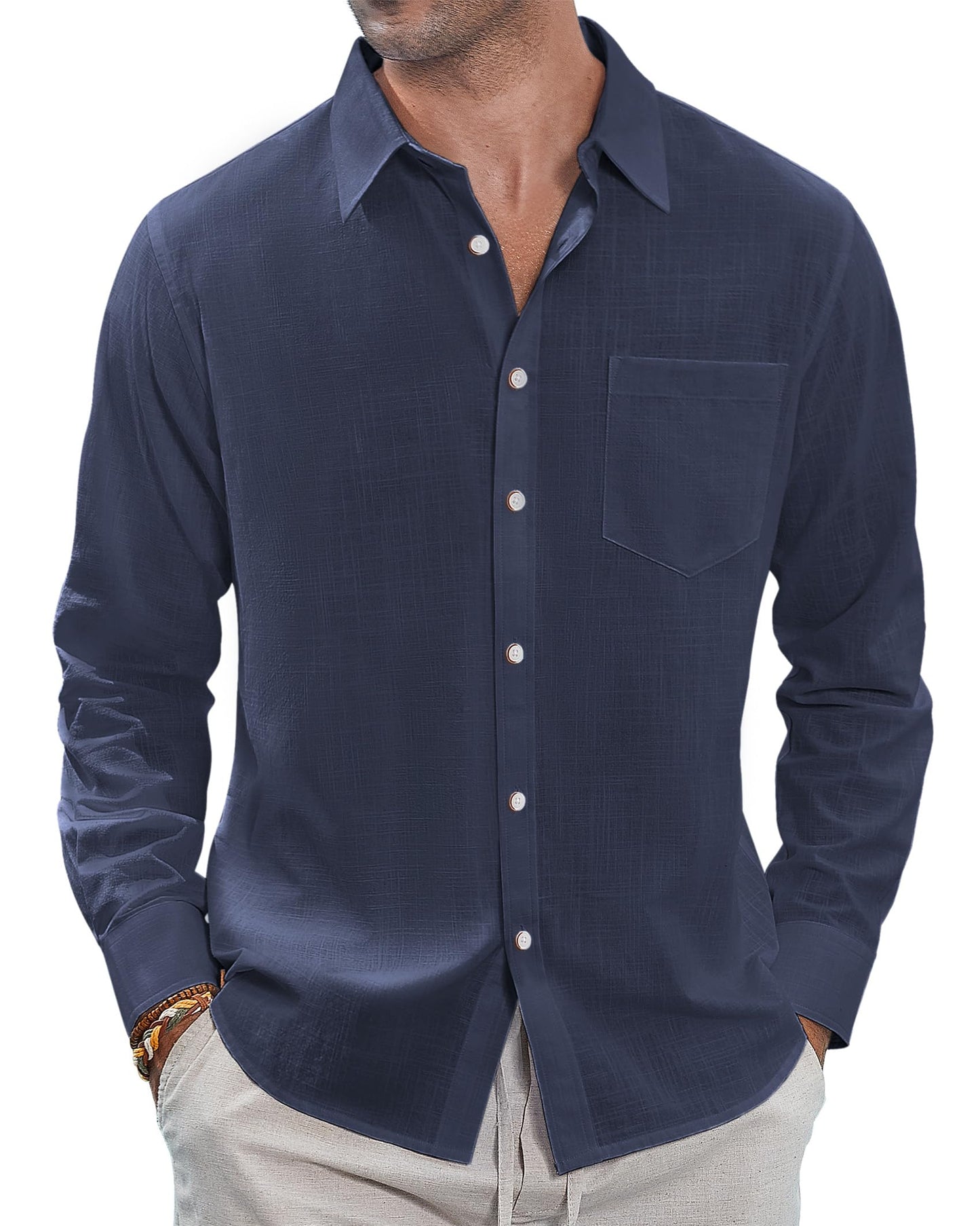 J.VER Men's Linen Shirts Casual Button Down Long Sleeve Shirt Solid Spread Collar Summer Beach Shirts with Pocket