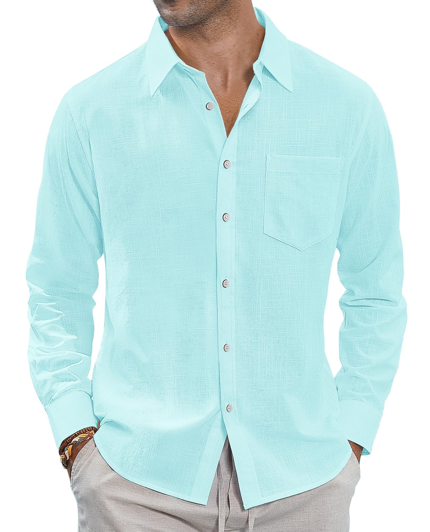 J.VER Men's Linen Shirts Casual Button Down Long Sleeve Shirt Solid Spread Collar Summer Beach Shirts with Pocket