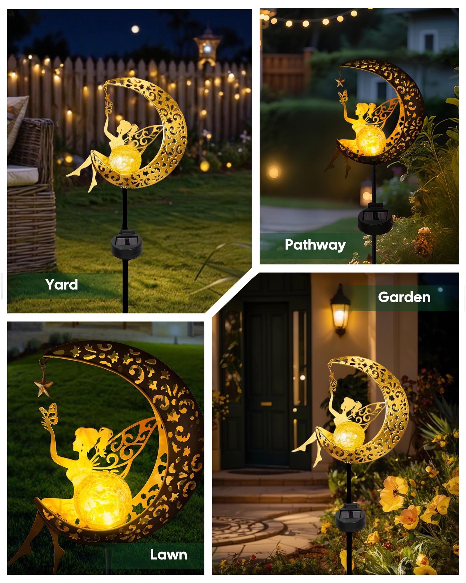 Vuees Solar Garden Statues Outdoor Decor, Fairy Moon Figurine Light Stake, Housewarming Ornament for Patio, Lawn, Yard, Pathway - Unique Gift Ideas for Gardening Mom Grandma