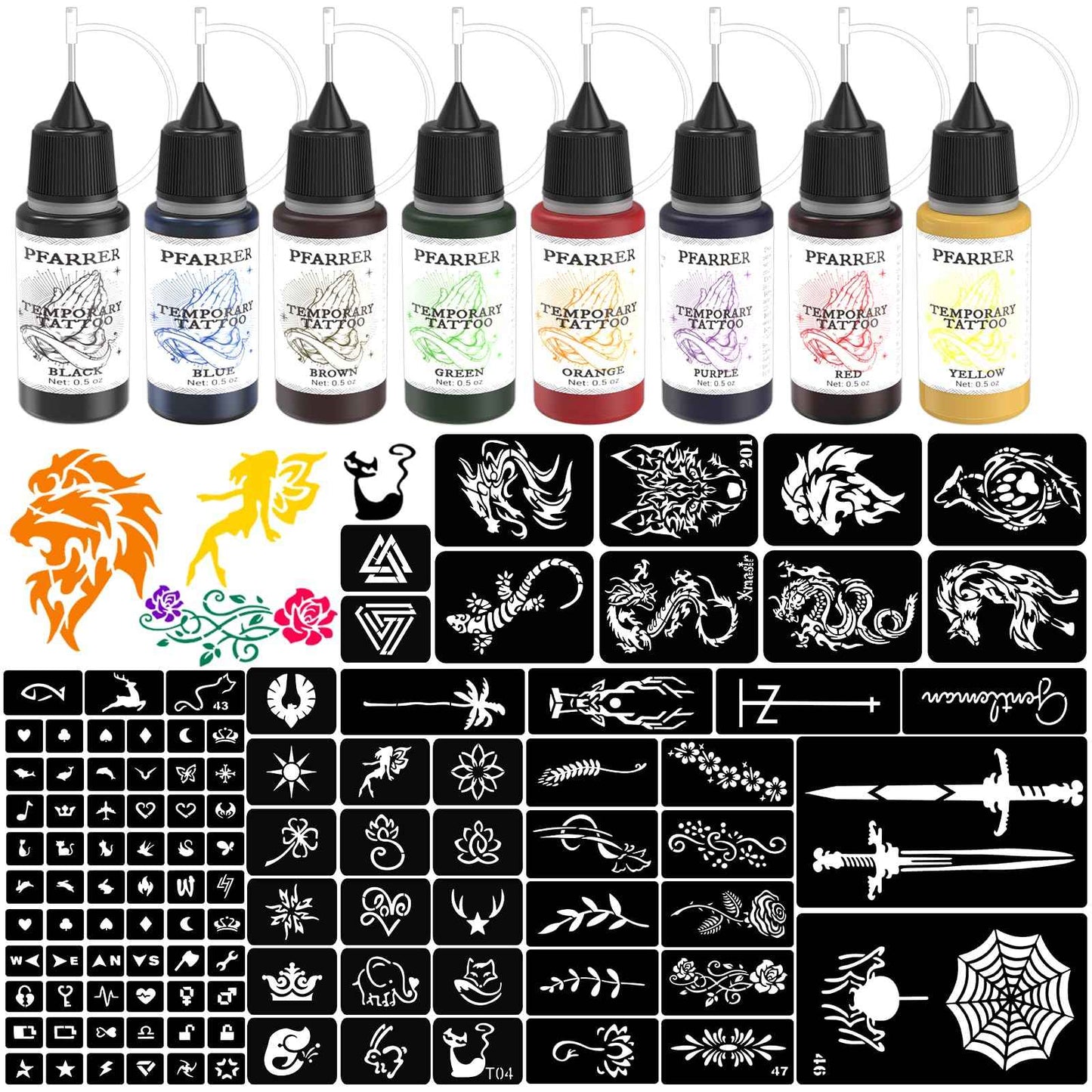 PFARRER Temporary Tattoo Kit Ink,49 Big Pcs Stencils Kit for Body Paint DIY Fake Tattoos for Kids