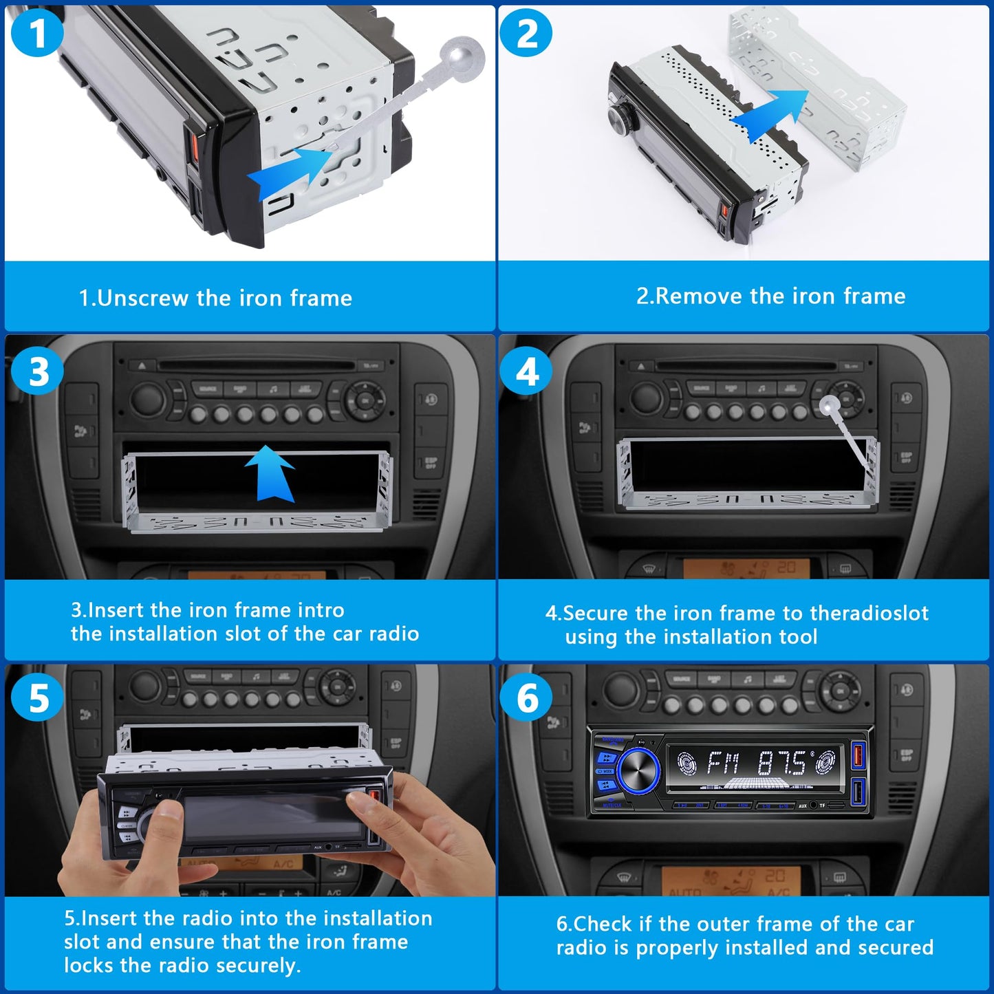 Car Radio Bluetooth Single DIN Car Stereo with Bluetooth,Car Audio with Push to Talk Button for Handsfree Calling,FM/ MP3/EQ/SD/AUX,Dual USB,iOS & Android App Control,7 LED Colors | No CD Player
