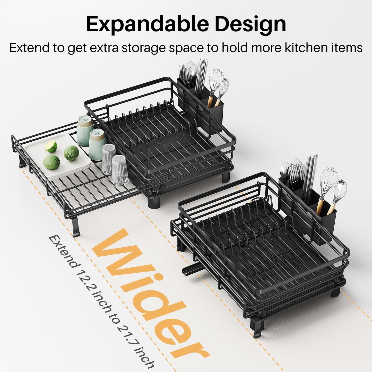 Dish Drying Rack - Extendable Dish Rack, Large Sink Drying Dish Drainer for Kitchen Counter, Stainless Steel Dish Strainer with Utensil Holder