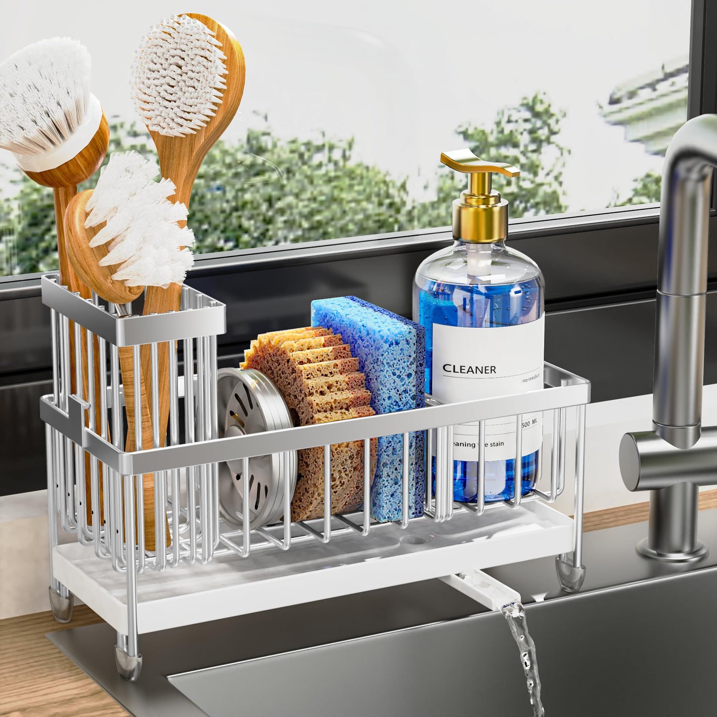 Cisily Sponge Holder for Kitchen Sink, Sink Caddy Organizer with High Brush Holder, Kitchen Countertop Organizers and Storage Essentials, Rustproof 304 Stainless Steel