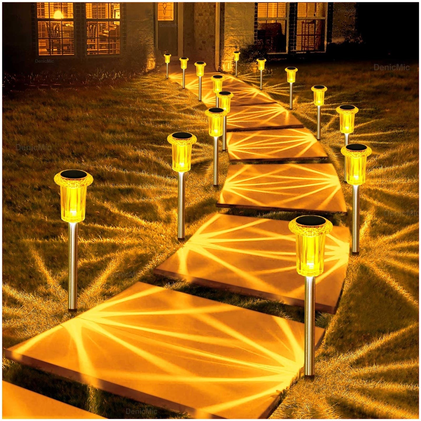 DenicMic Solar Lights Outdoor Pathway Lights LED Waterproof Acrylic Lamp Head Stainless Steel Stake for Yard Garden Landscape Path Walkway Driveway Patio Lawn