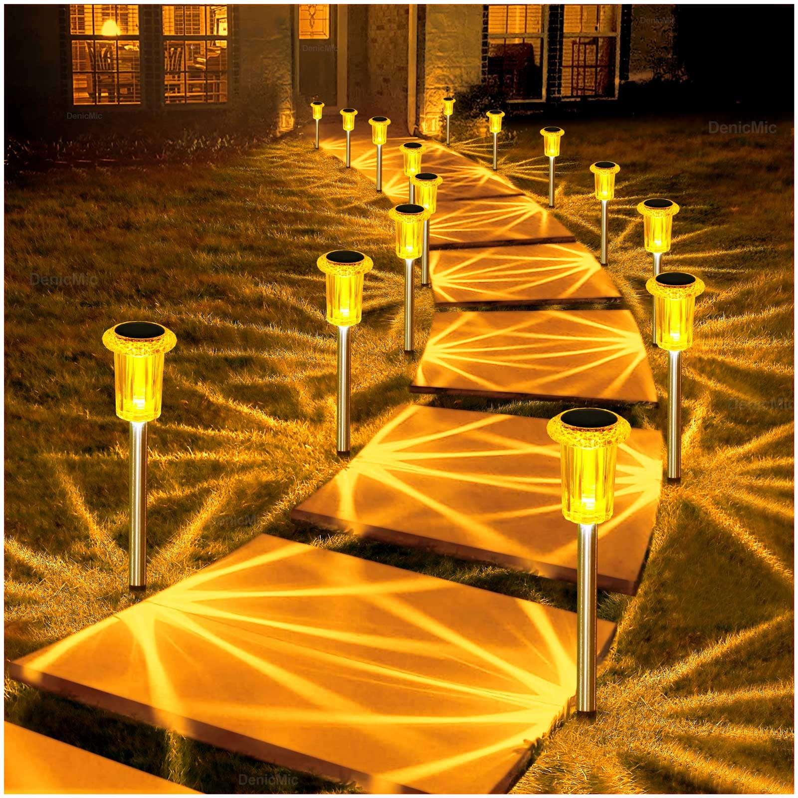 DenicMic Solar Lights Outdoor Pathway Lights LED Waterproof Acrylic Lamp Head Stainless Steel Stake for Yard Garden Landscape Path Walkway Driveway Patio Lawn