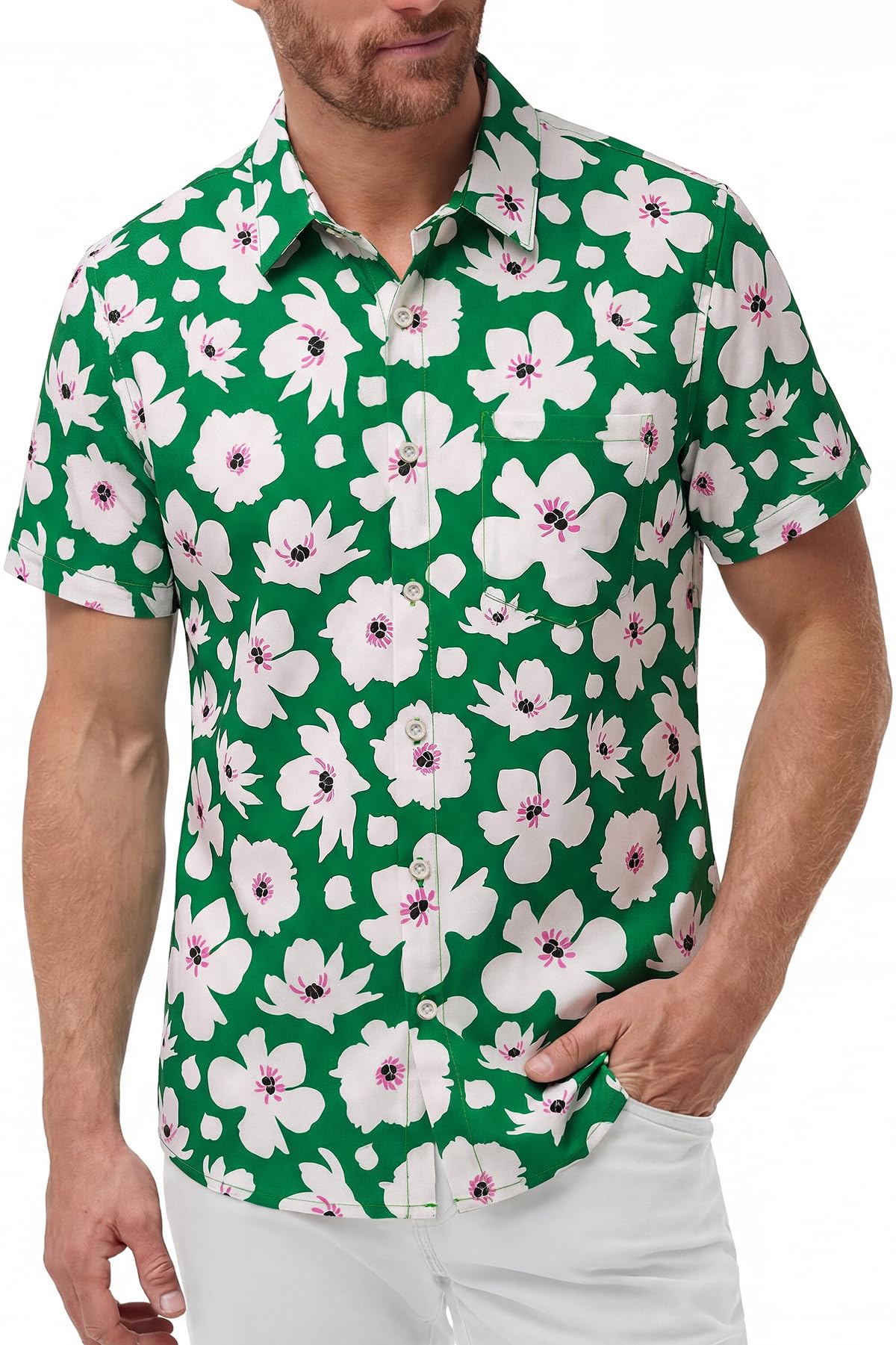 KYKU Mens Hawaiian Shirts Short Sleeve Button Down Summer Vacation Beach Shirts, Pleated Back, with Pocket