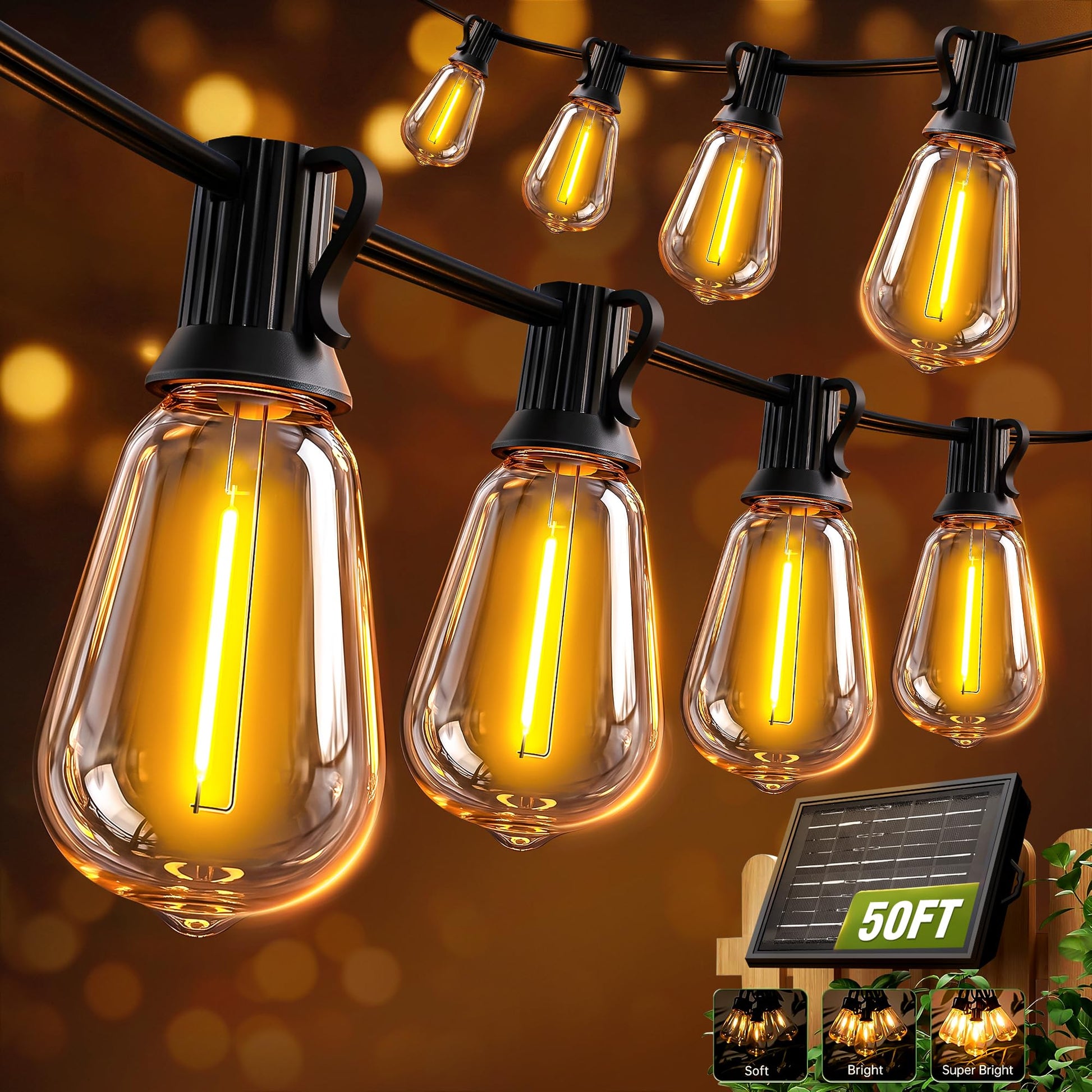 Skoiuc Solar String Lights Outdoor Waterproof with Remote & Timer, LED Shatterproof ST38 Bulbs, USB & Solar Powered Patio Lights for Backyard, Porch, Garden, Wedding, Christmas Decor