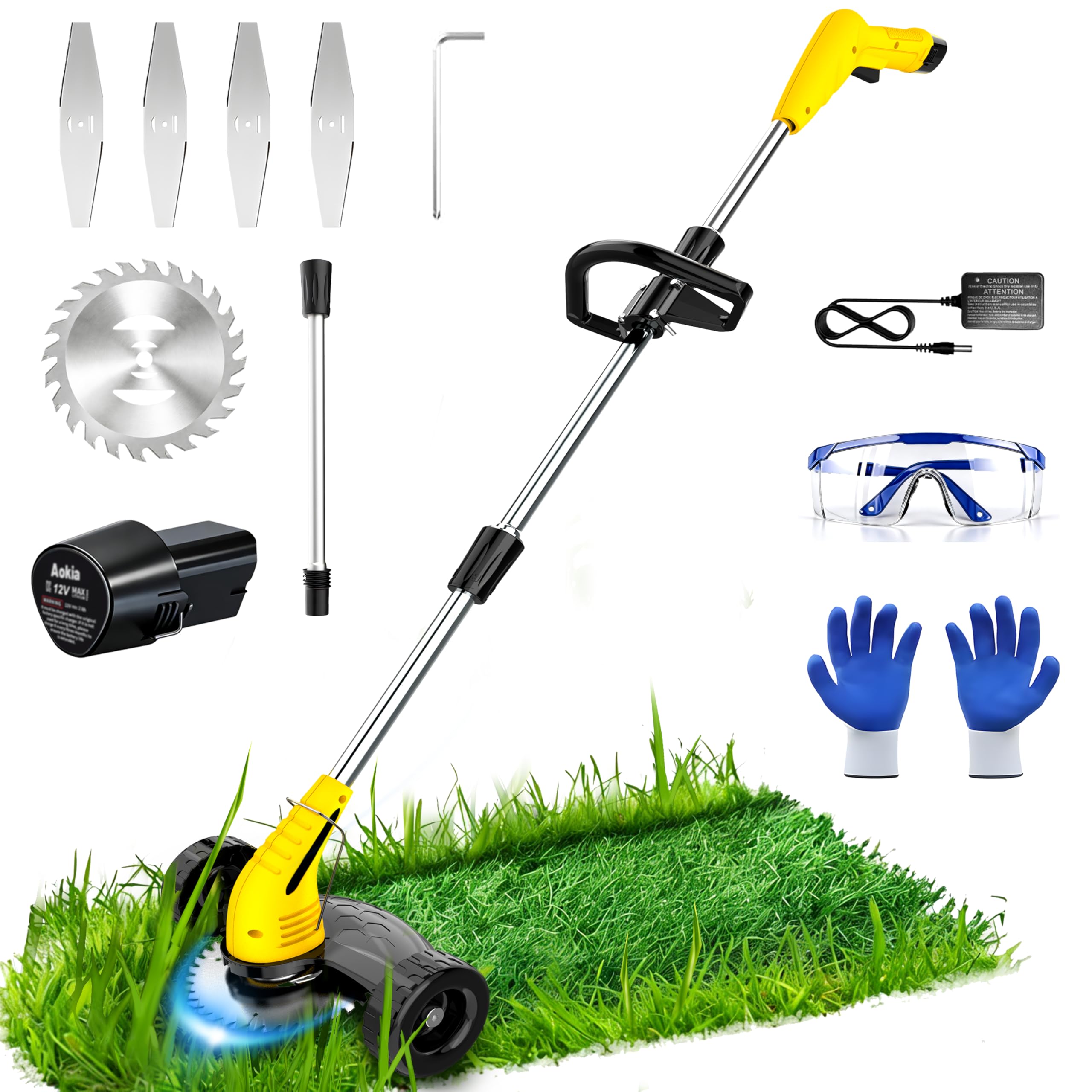 Aokia Electric Weed Wacker Cordless, 12V Battery Powered Weed Eater Cordless with Adjustable Pole (65inch), Lightweight Grass Trimmer Cutter/Edger/Mower with 2 Types Blade for Yard Lawn and Garden