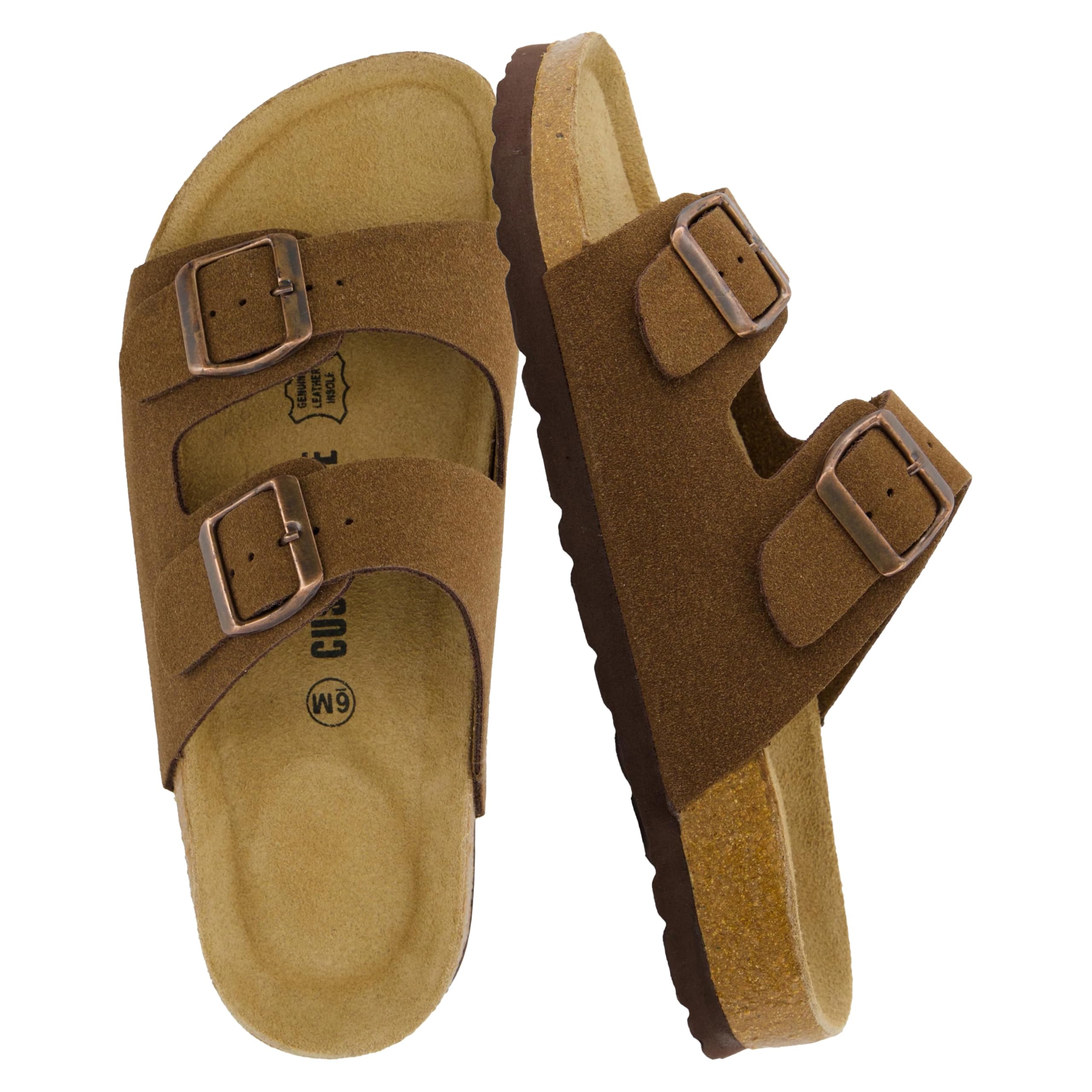 CUSHIONAIRE Lane Cork Footbed Sandals for Women – Comfortable Double Buckle Slip-On with Genuine Suede Footbed & Arch Support Slides for Women Footwear