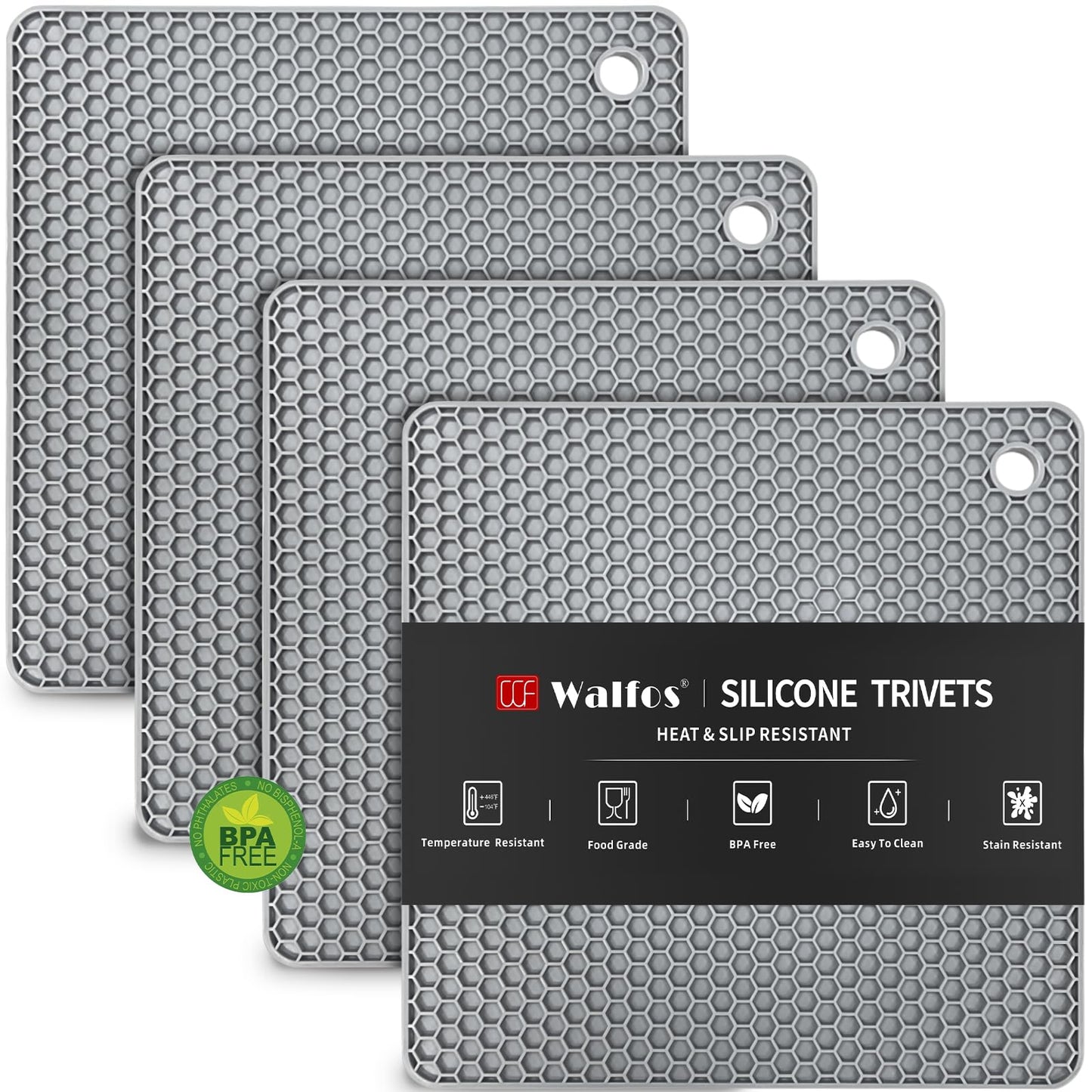 Walfos Silicone Trivets Set - Heat Resistant Pot Holder, Non-Slip & Flexible,Multi-Purpose Kitchen Table Mat, Prefect for Hot Dishes,Spoon Holder, Oven Mitt
