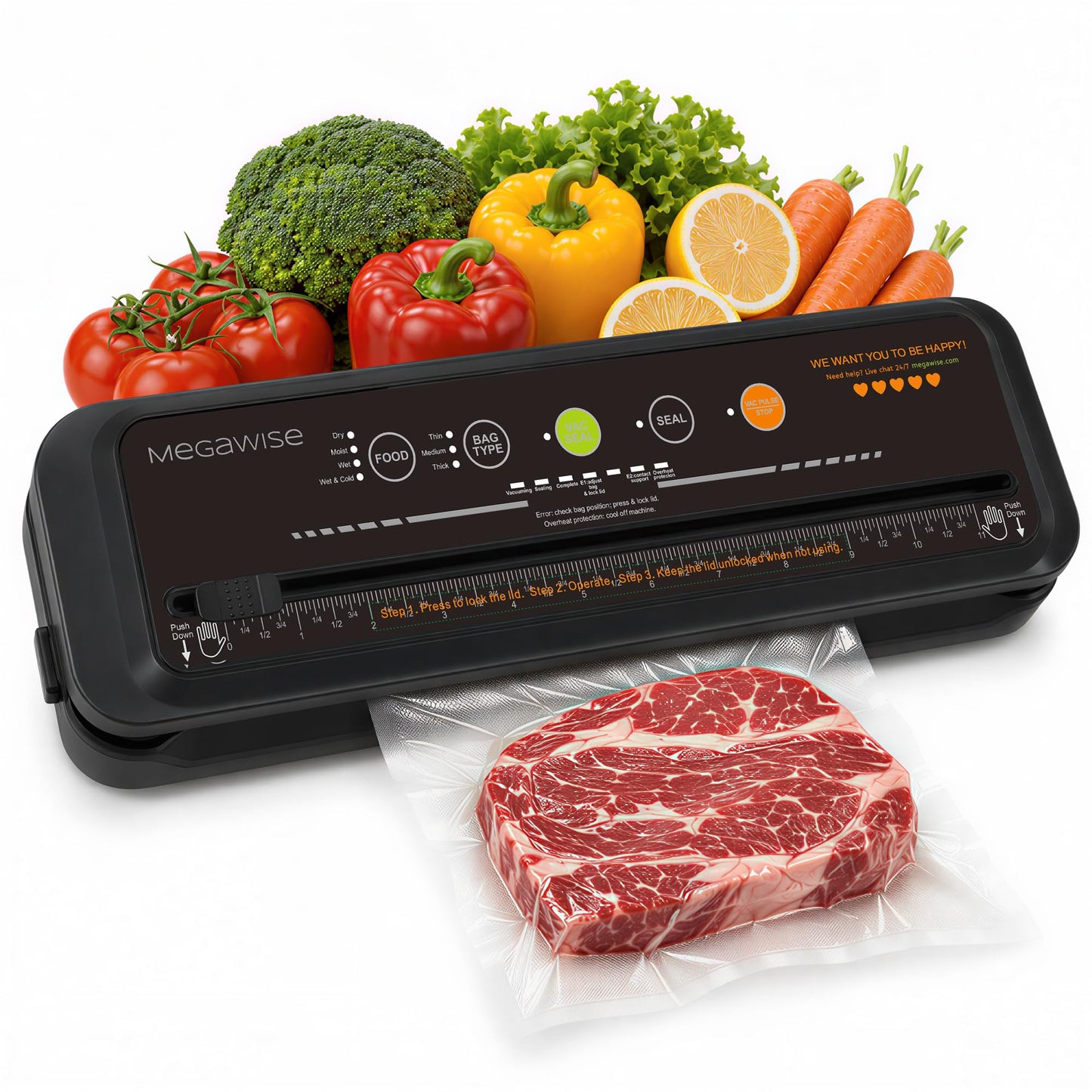 MEGAWISE Model B 2025 Vacuum Sealer | Powerful & Compact | One-Touch Automatic Food Sealer for Cold, Wet, Moist, and Dry Foods | Compatible with Thick, Medium, and Thin Bags | OMNI MACHINE (Black)