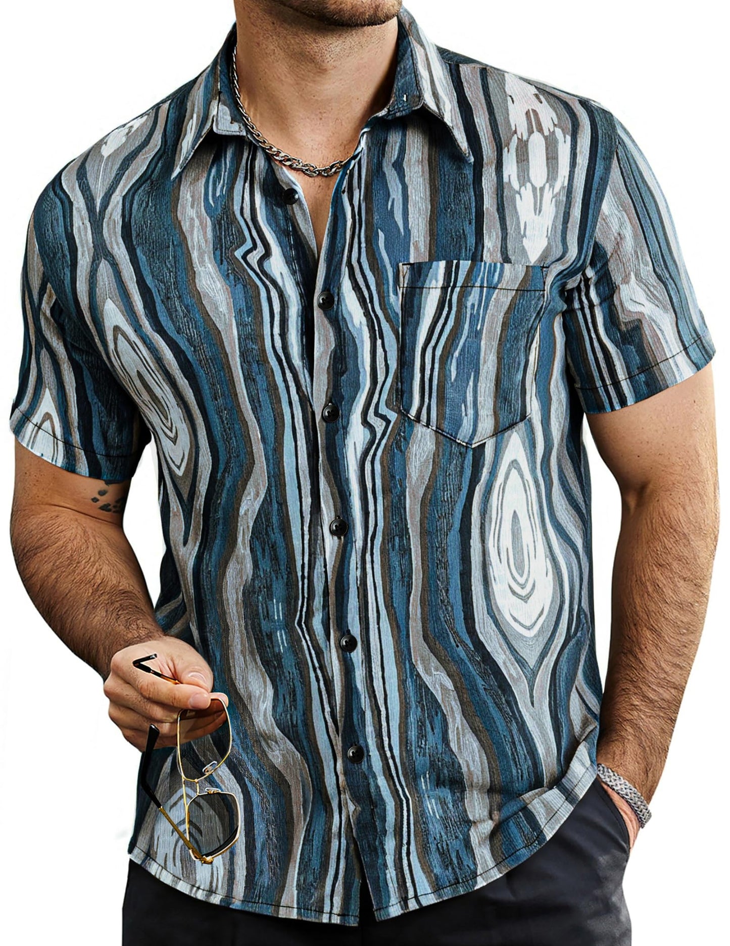 VATPAVE Mens Summer Striped Shirts Button Down Short Sleeve Vintage Beach Hawaiian Shirts with Pocket