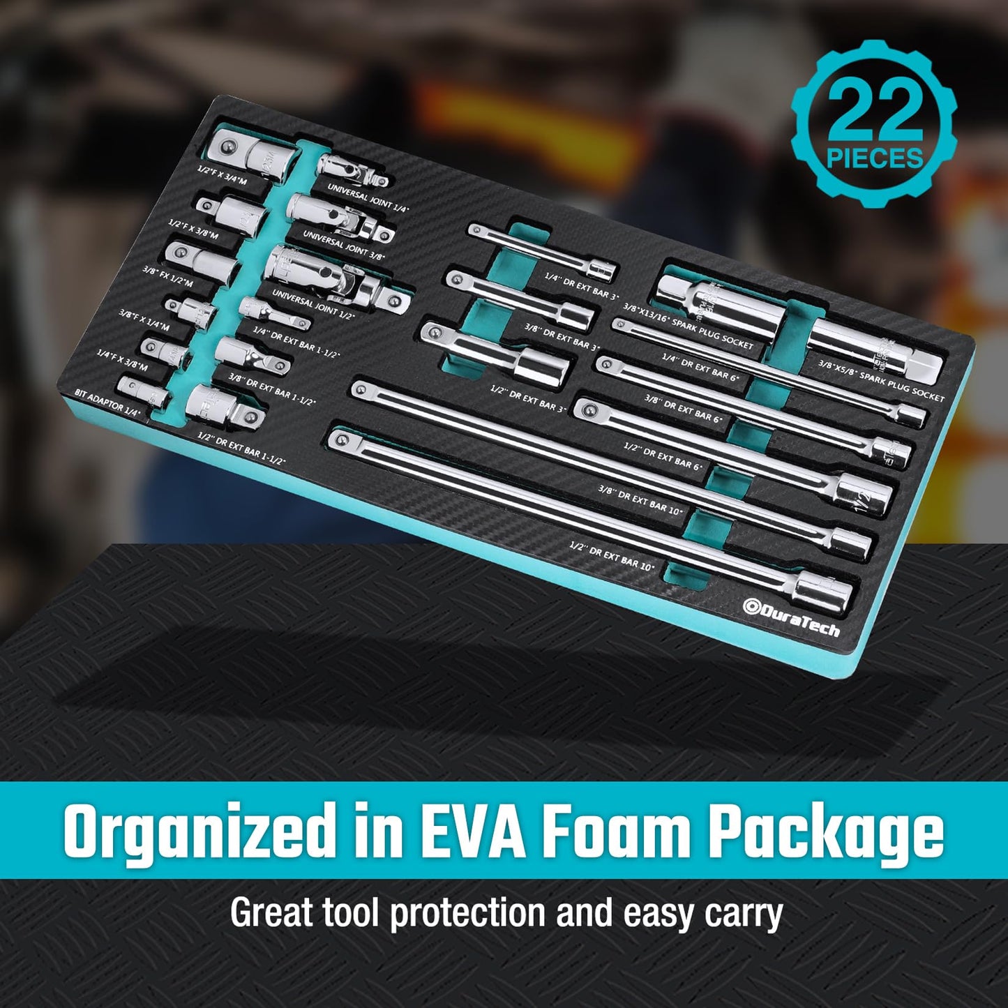 DURATECH Drive Tool Accessory Set, Including Extension Bars, Socket Adapters, Universal Joints, Spark Plug Sockets, Professional Socket Accessories, Cr-V Steel, EVA Foam Package