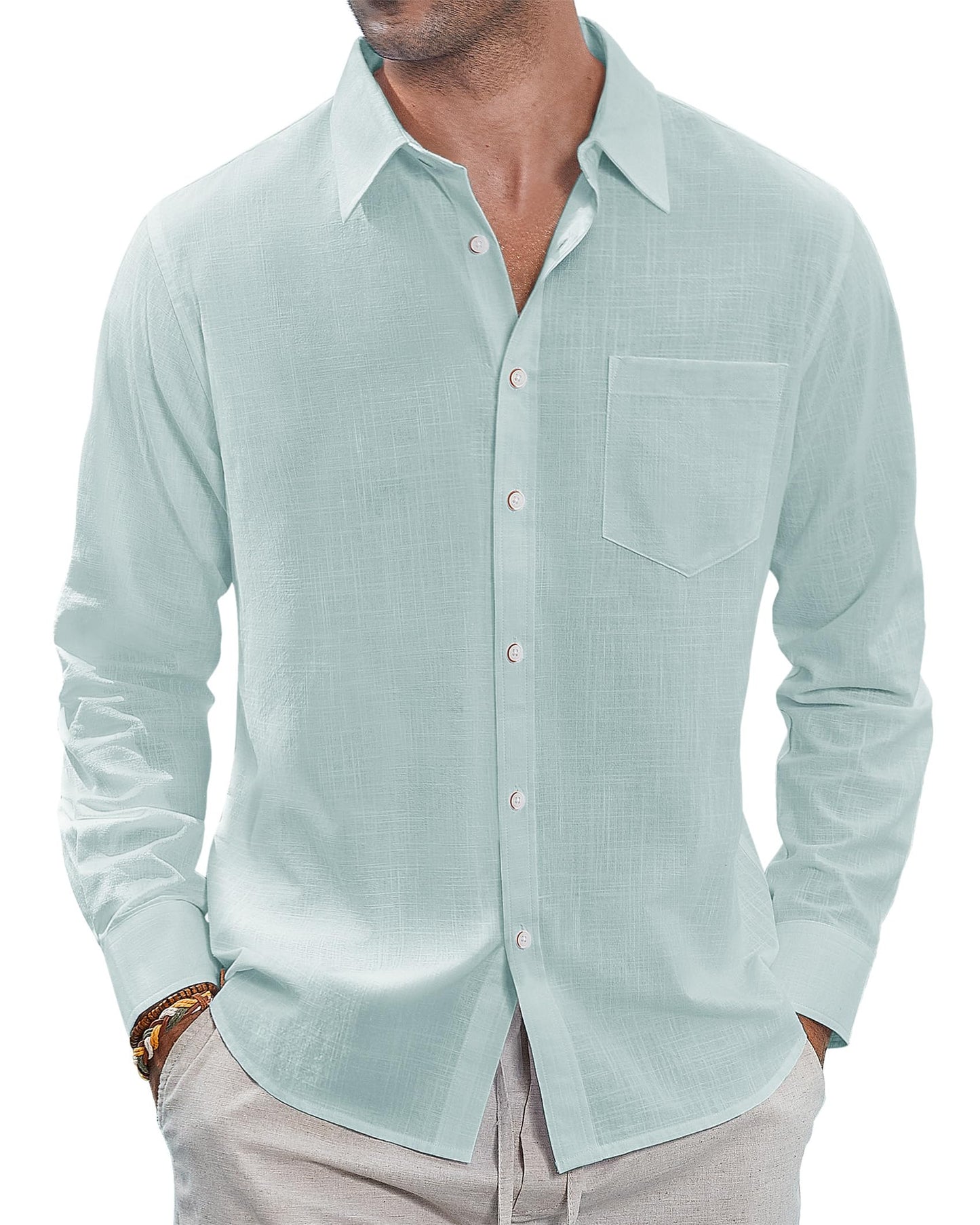 J.VER Men's Linen Shirts Casual Button Down Long Sleeve Shirt Solid Spread Collar Summer Beach Shirts with Pocket