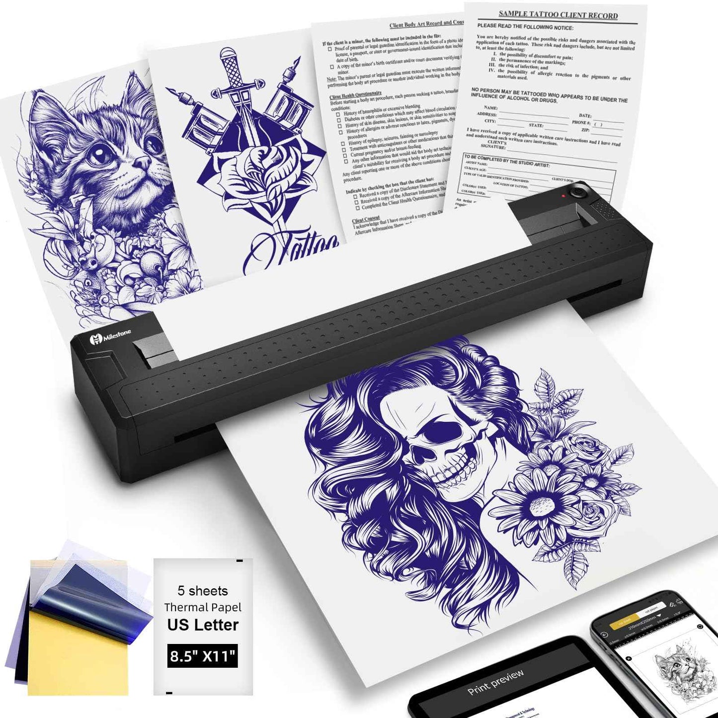 Milestone Tattoo Stencil Printer, Wireless Portable Thermal Tattoo Transfer Printer Machine Kit for Tattooing