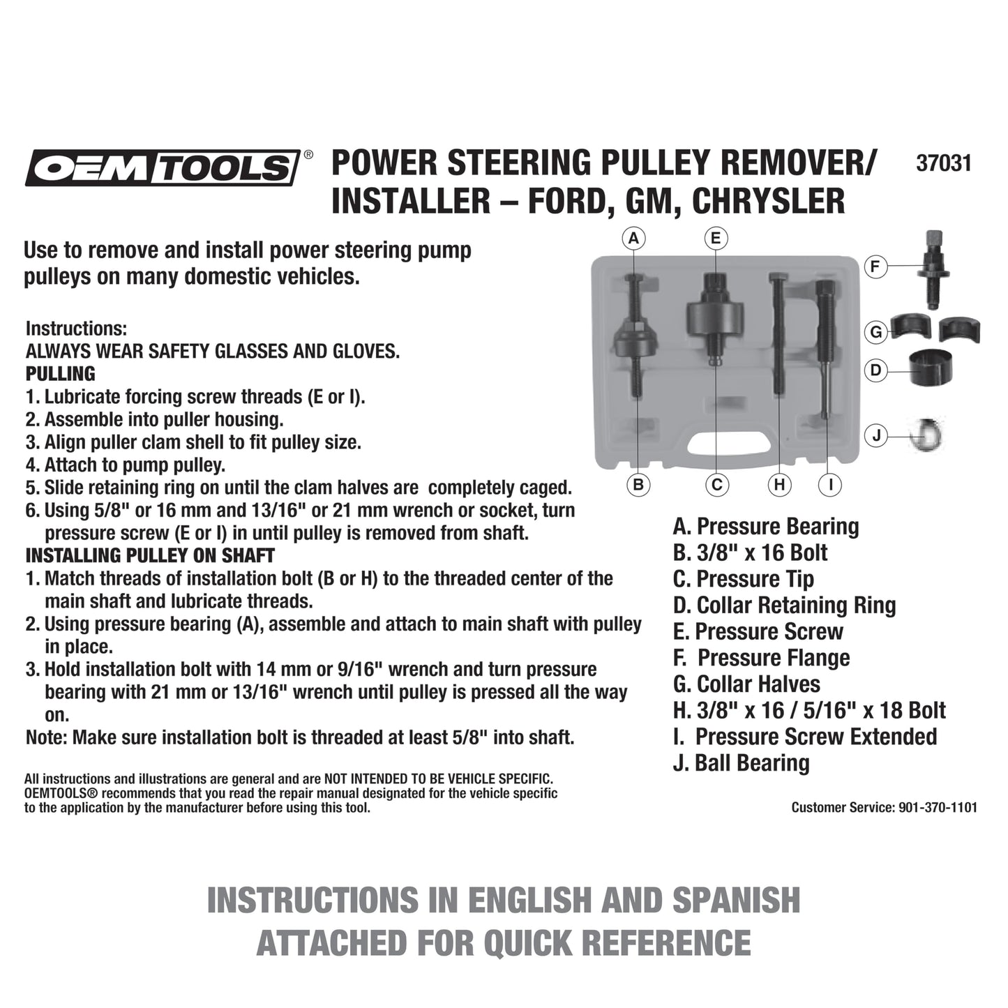 OEMTOOLS Power Steering Pulley Puller and Installer Kit, Removes and Installs Power Steering Pump Pulleys on Most Domestic Vehicles, Ford, GM, VW, 37031 Green Case