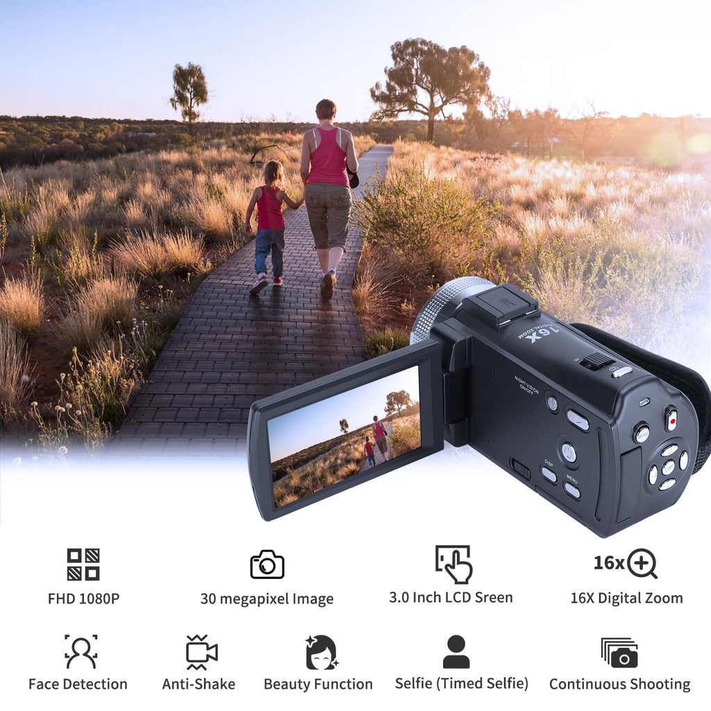 ORDRO HDV-V12 Video Camera Full HD Camcorder Digital Recorder | 1080P 30FPS 30MP | 3.0 Inch Rotation LCD | 16X Digital Zoom | Infrared Night Vision - Black (V12+16GB Card)