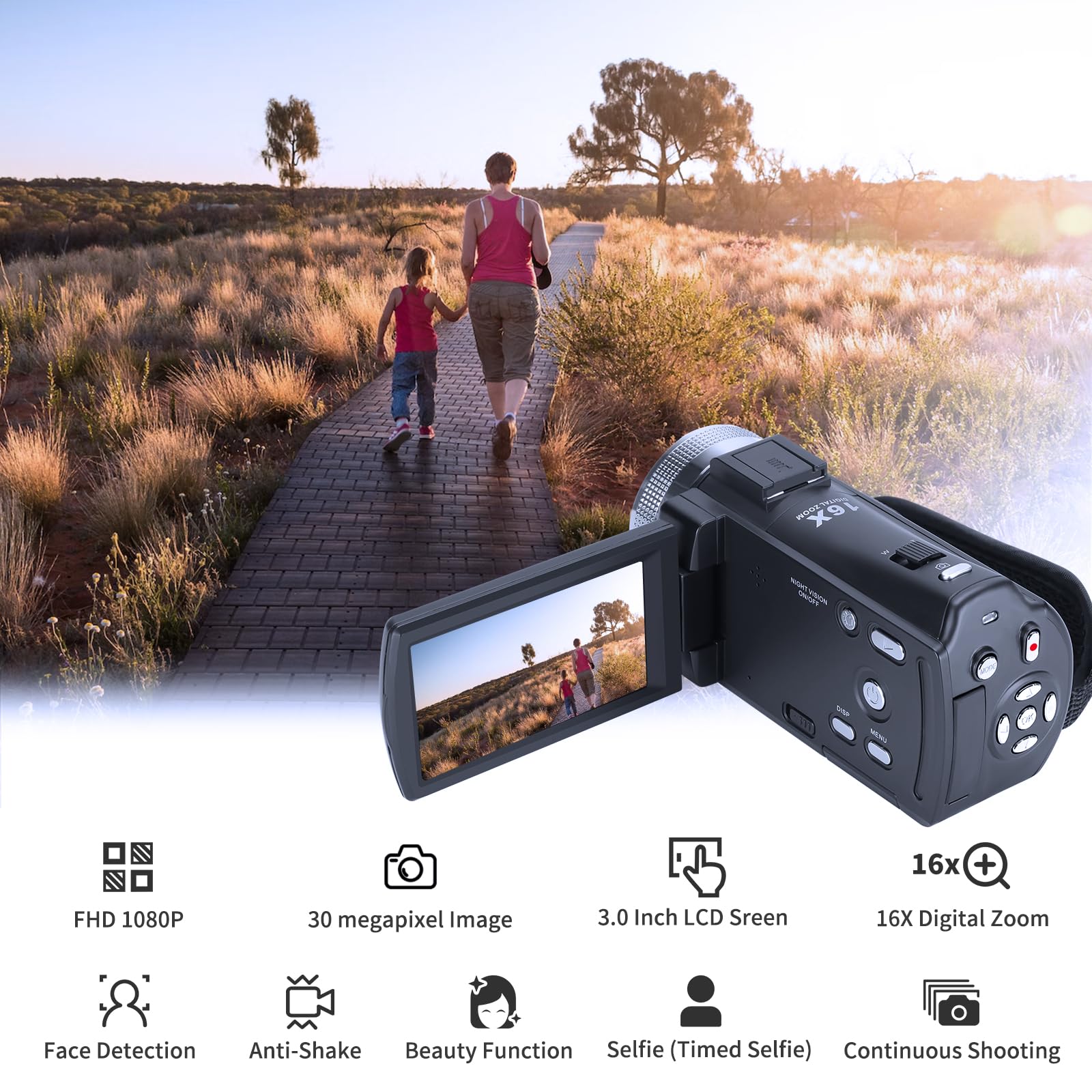 ORDRO HDV-V12 Video Camera Full HD Camcorder Digital Recorder | 1080P 30FPS 30MP | 3.0 Inch Rotation LCD | 16X Digital Zoom | Infrared Night Vision - Black (V12+16GB Card)
