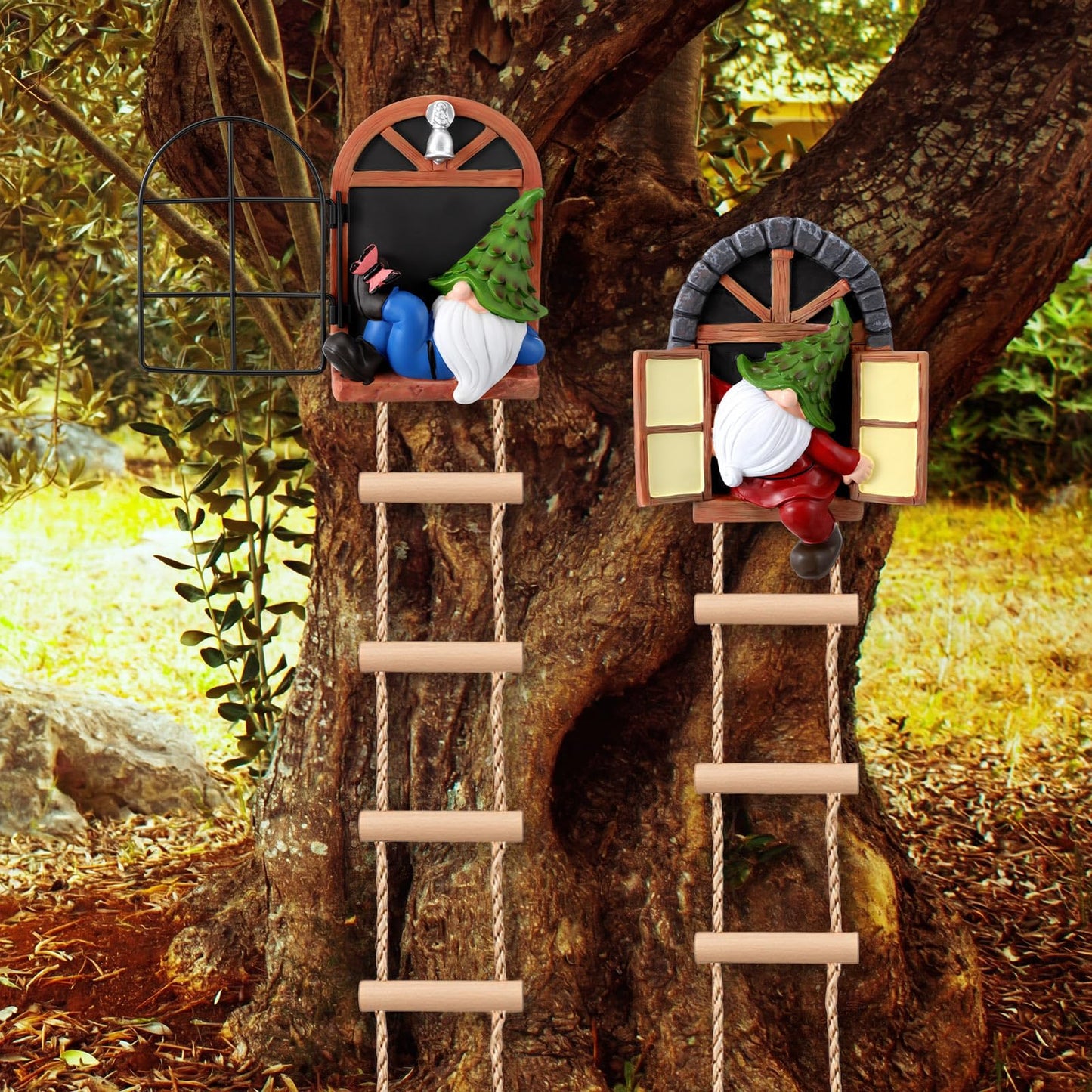 Thyle 4 Pieces Garden Gnomes Outdoor Tree Hugger Gnome Fairy Statue Elf Out The Door Resin Figurine Hanging Ladder Decoration Tree Faces Decor Outdoor for Patio Yard Lawn