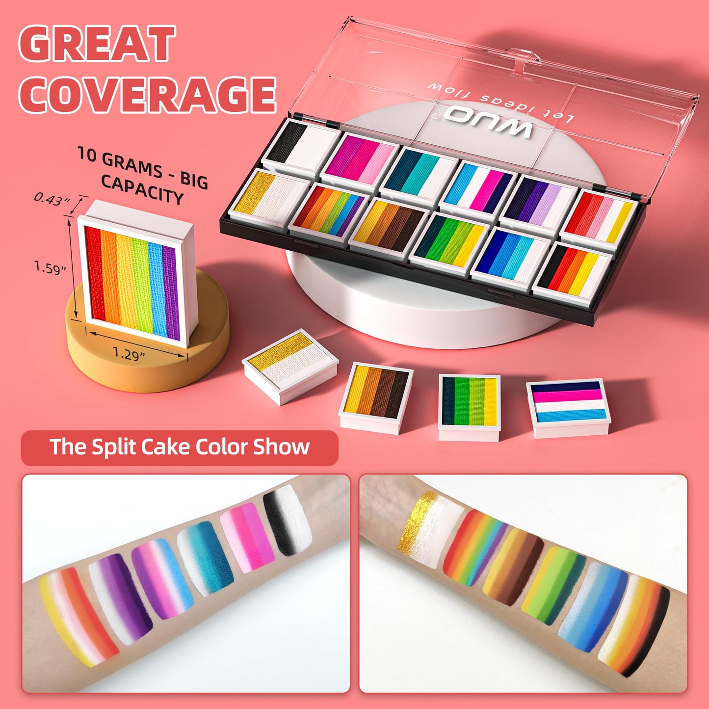 WUO Professional Face Painting Kit for Kids Adults, 12x10g Split Cake Face Paint Palette with Brushes Stencil Sponge One Stroke Non Toxic Rainbow Body Paint Set for Halloween Christmas Makeup