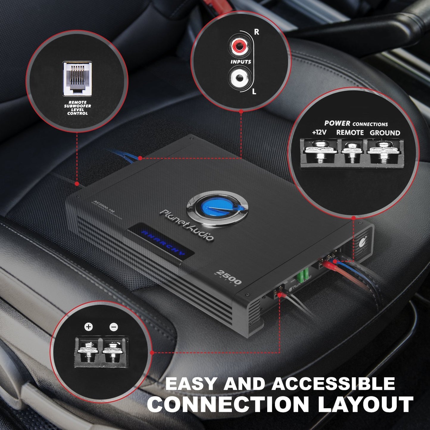 Planet Audio AC2500.1M Monoblock Car Amplifier - 2500 Watts Max Power, 2/4 Ohm Stable, Class A/B, Mosfet Power Supply, Remote Subwoofer Control
