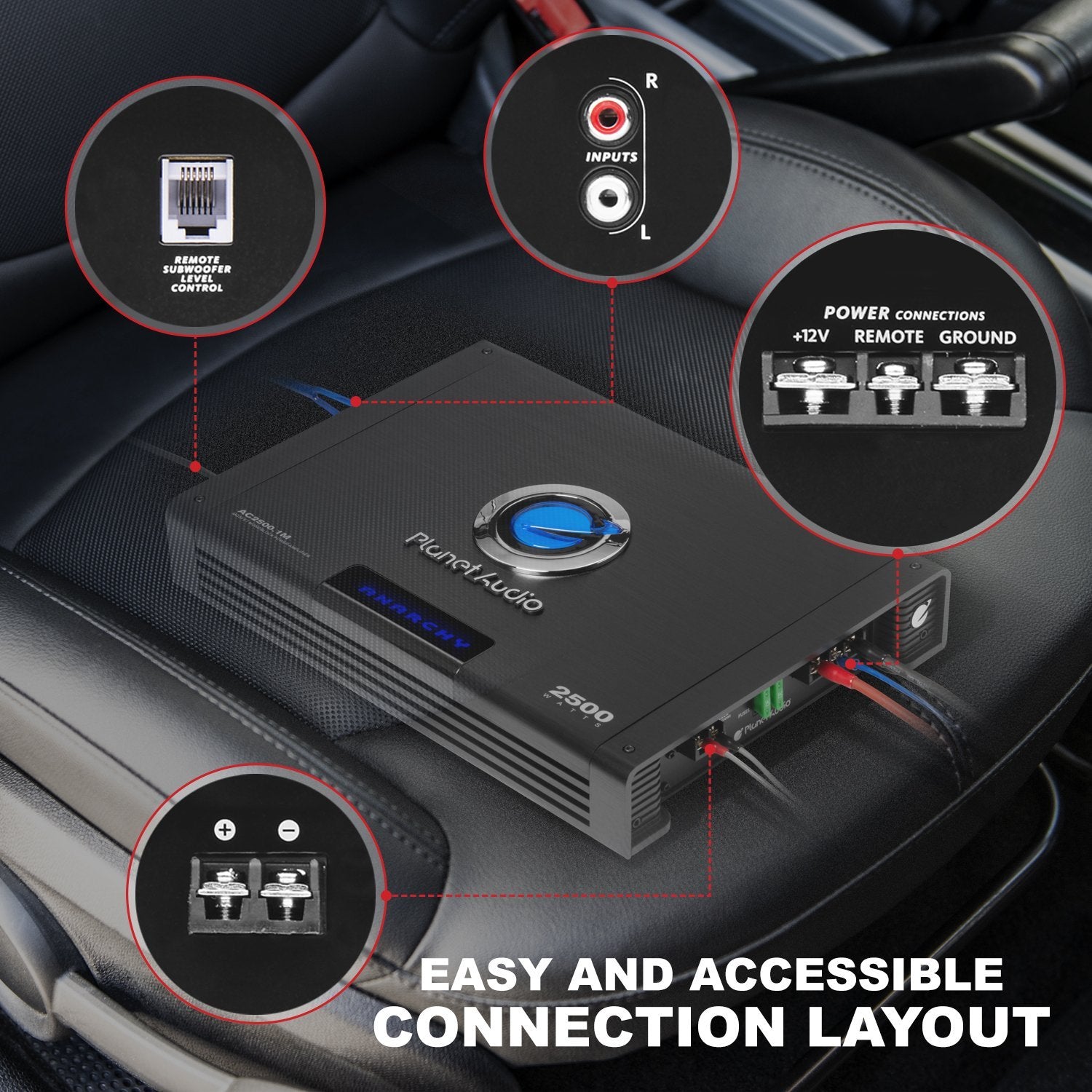 Planet Audio AC2500.1M Monoblock Car Amplifier - 2500 Watts Max Power, 2/4 Ohm Stable, Class A/B, Mosfet Power Supply, Remote Subwoofer Control