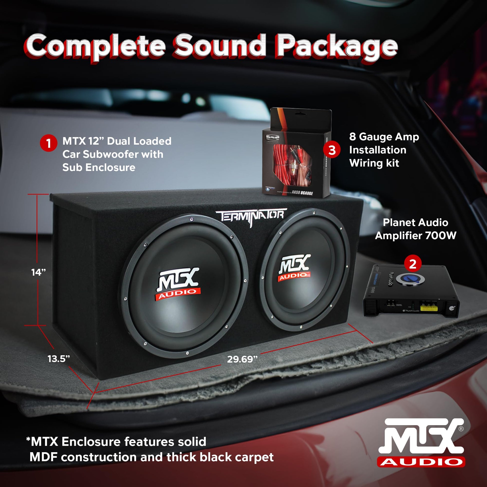 MTX 12-Inch Dual Subwoofer with Amp & Wiring Kit - Car Sound System Bundle with 1200W Peak Loaded Enclosure, Planet Audio Peak 1500W Monoblock Amplifier, and Soundstorm 8 Gauge Wiring Set