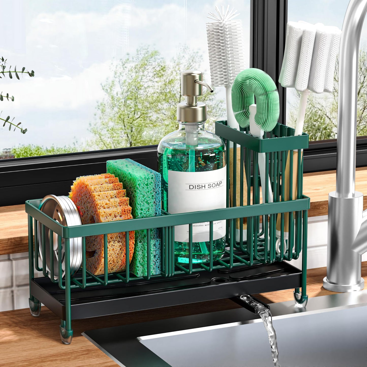 Cisily Sponge Holder for Kitchen Sink, Sink Caddy Organizer with High Brush Holder, Kitchen Countertop Organizers and Storage Essentials, Rustproof 304 Stainless Steel