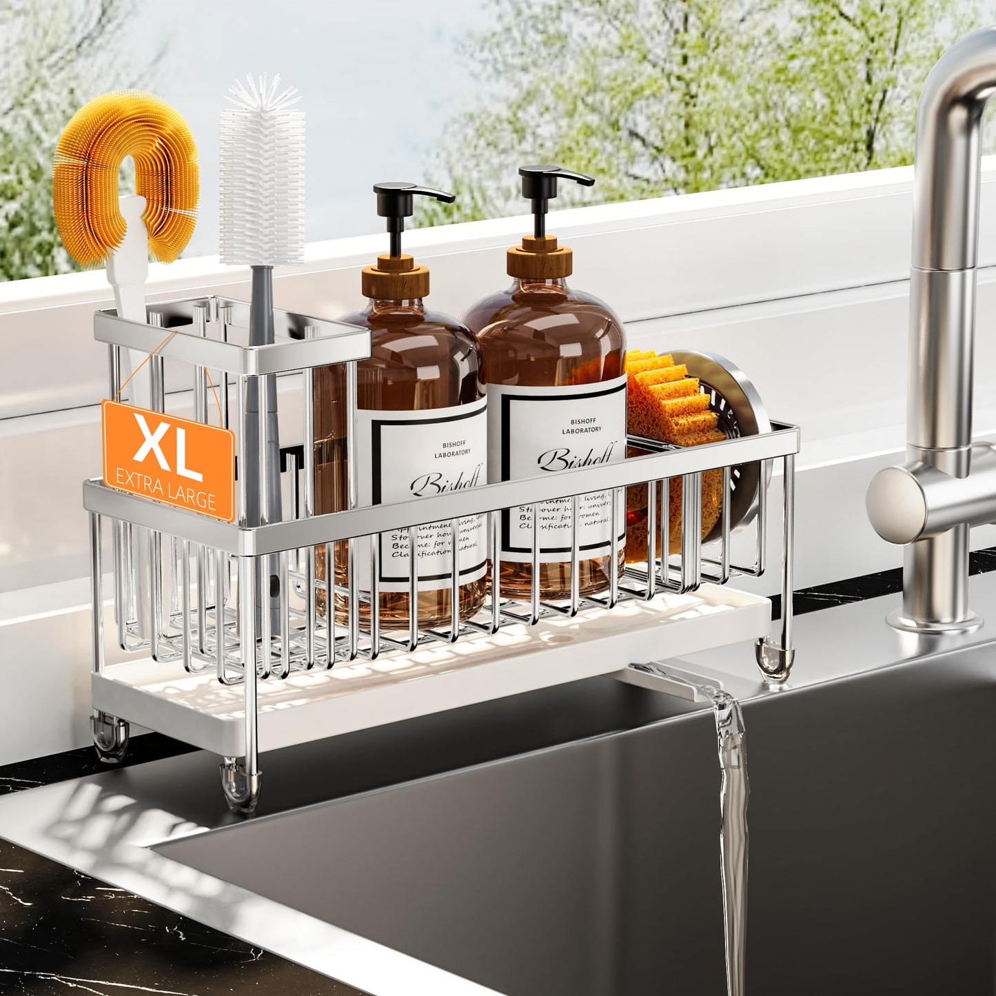 Cisily Sponge Holder for Kitchen Sink, Sink Caddy Organizer with High Brush Holder, Kitchen Countertop Organizers and Storage Essentials, Rustproof 304 Stainless Steel