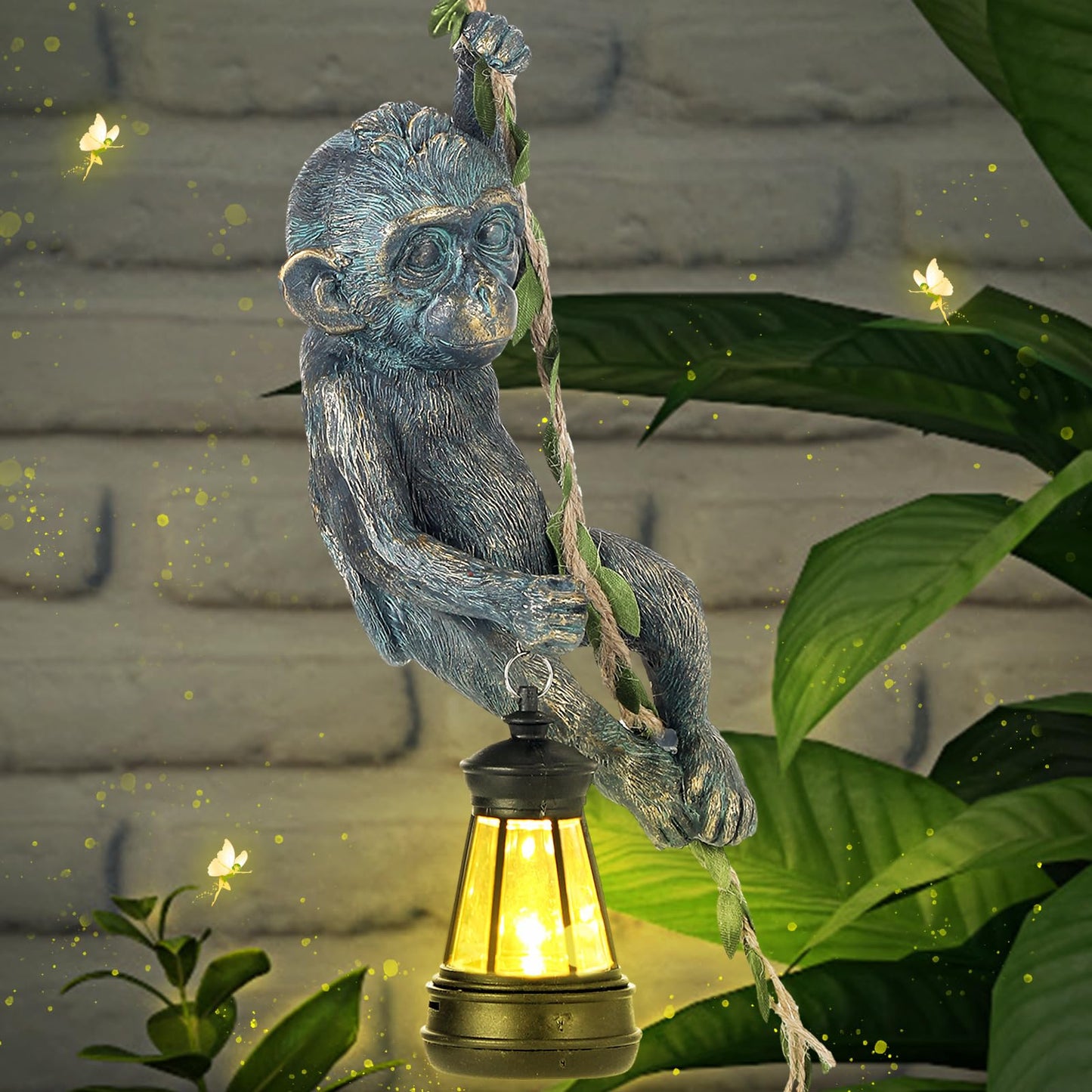 Rossesay Solar Light Outdoor Statues 7.48'' H Resin Chimpanzee Baby Monkey Climbing On A 19.68" L Vine with LED Lantern Waterproof Hanging Monkey Figurine with Hook for Yard Garden Wall