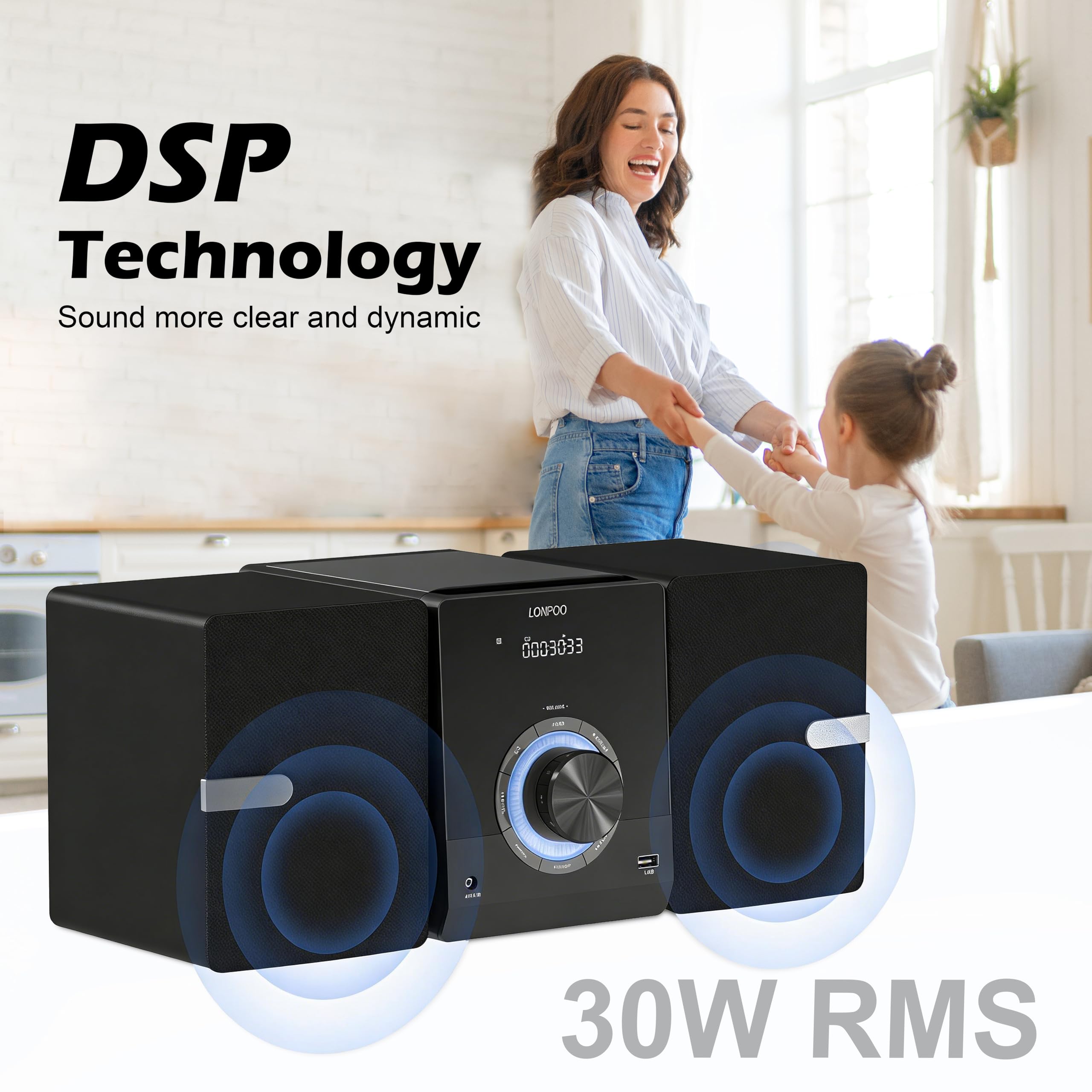 Compact Stereo System Speakers with CD Player, Bluetooth, FM Radio, Aux-in, USB-in, Earphone Jack, DSP-Tech, Remote, 30W Crisp-Sound Shelf Stereo System for Home