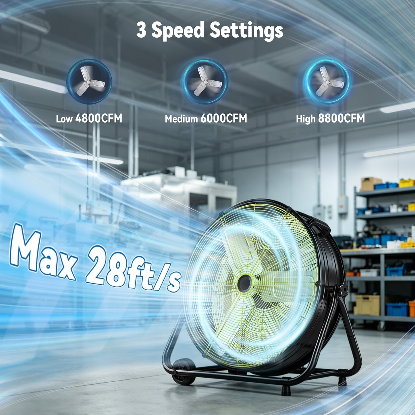 Tehanld High Velocity Industrial Drum Fan, 3-Speed Heavy Duty Metal Floor Fan with 360° Tilt for Garage, Workshop, Factory & Basement