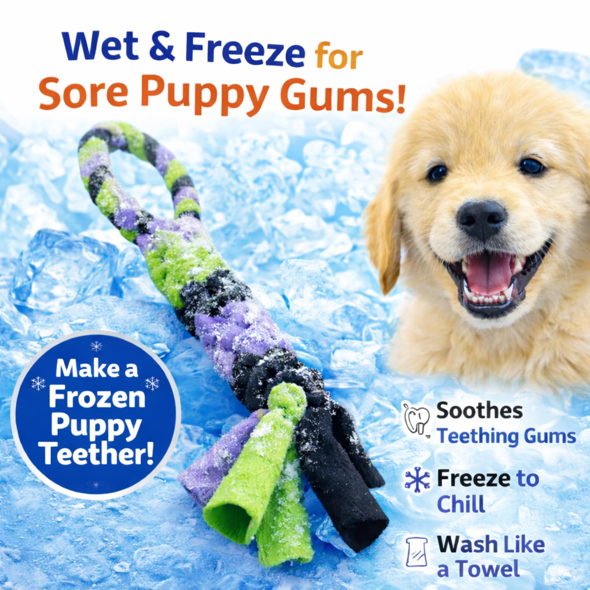 Chelsy's Toys Interactive Tug Toy for Dogs and Puppies, Mental Stimulation Toy, Slow-Play, Brain Exercise for Puppies & Seniors, Freeze for Teething Relief, Blue, Orange, Purple