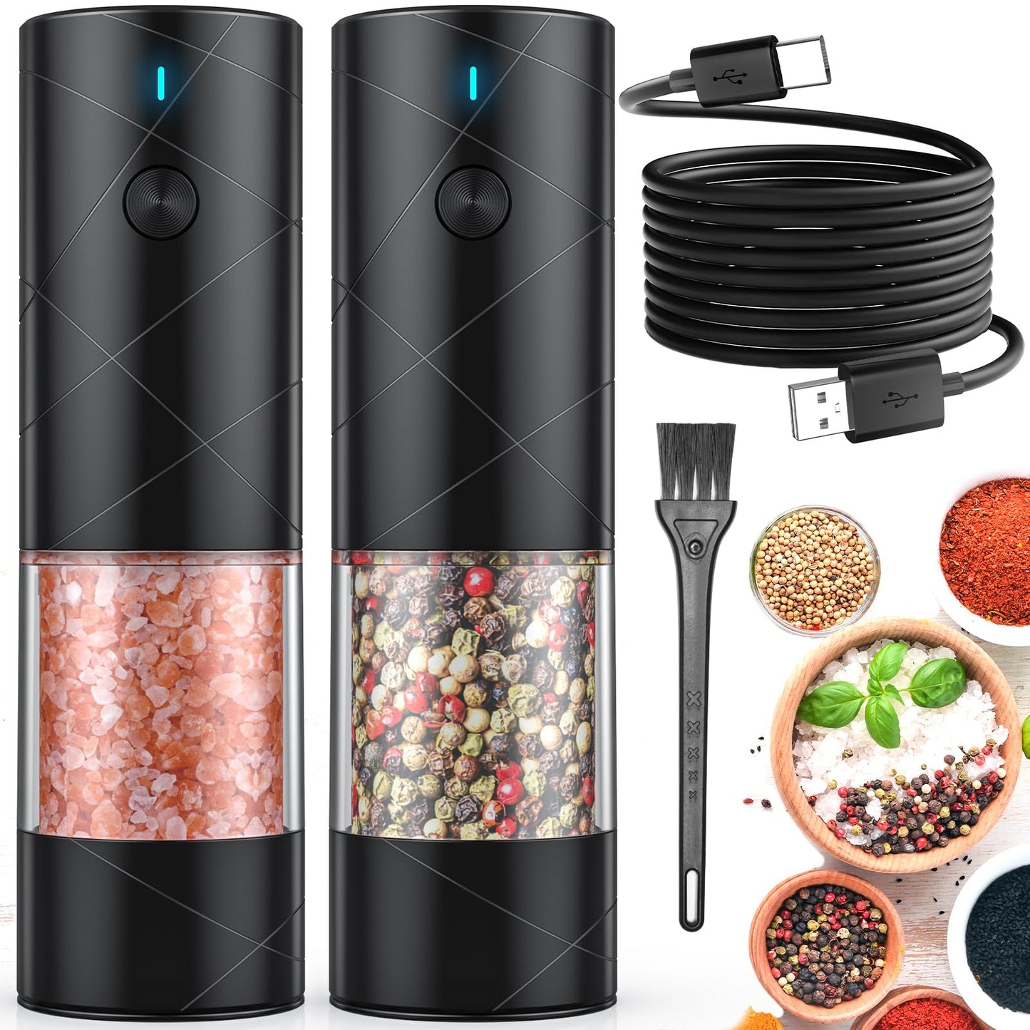 Electric Salt and Pepper Shakers Set Rechargeable with LED Light, Adjustable Coarseness Lidaop Large Capacity Automatic Salt Pepper Mill Grinder for Kitchen, Restaurant, Outdoor