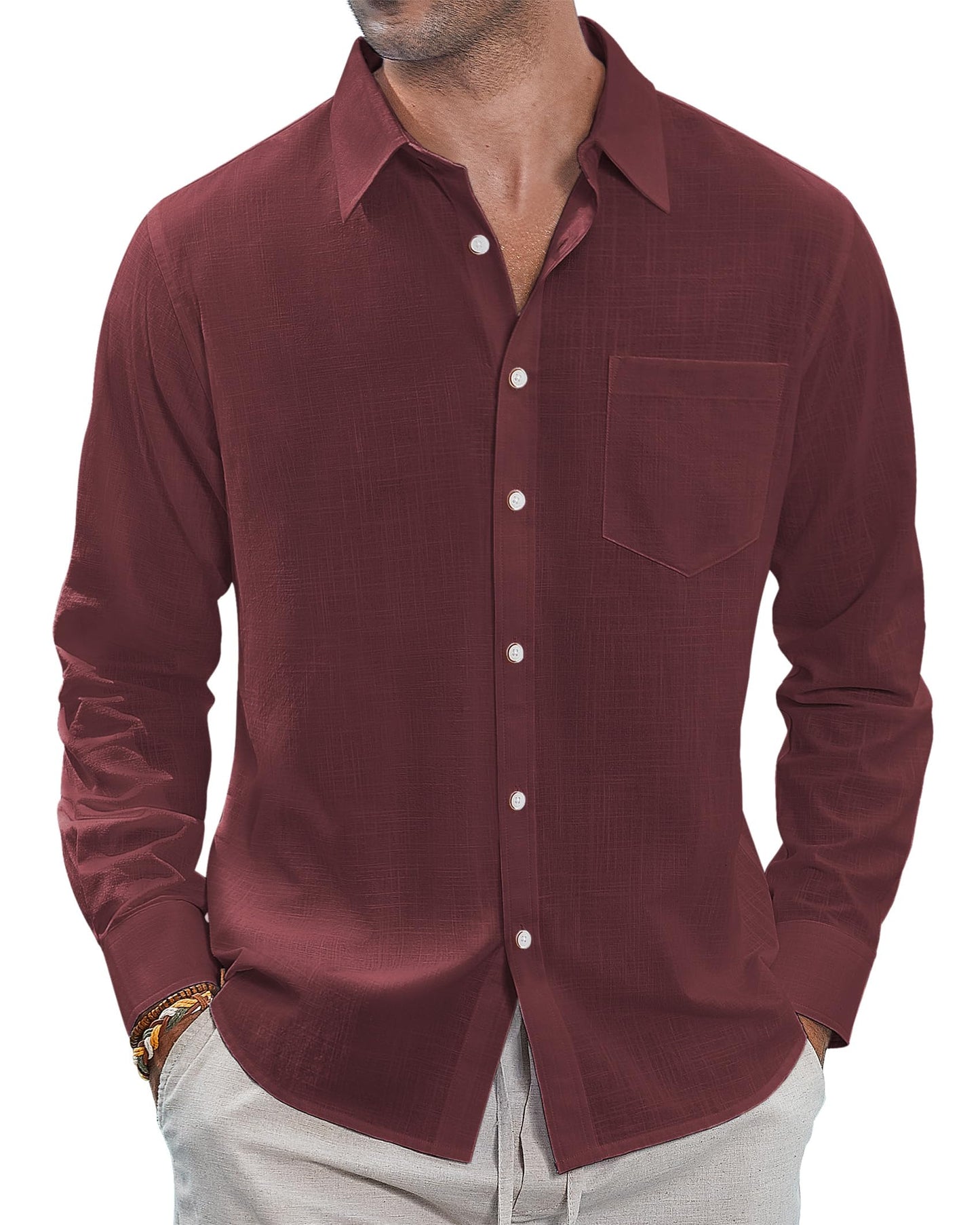 J.VER Men's Linen Shirts Casual Button Down Long Sleeve Shirt Solid Spread Collar Summer Beach Shirts with Pocket