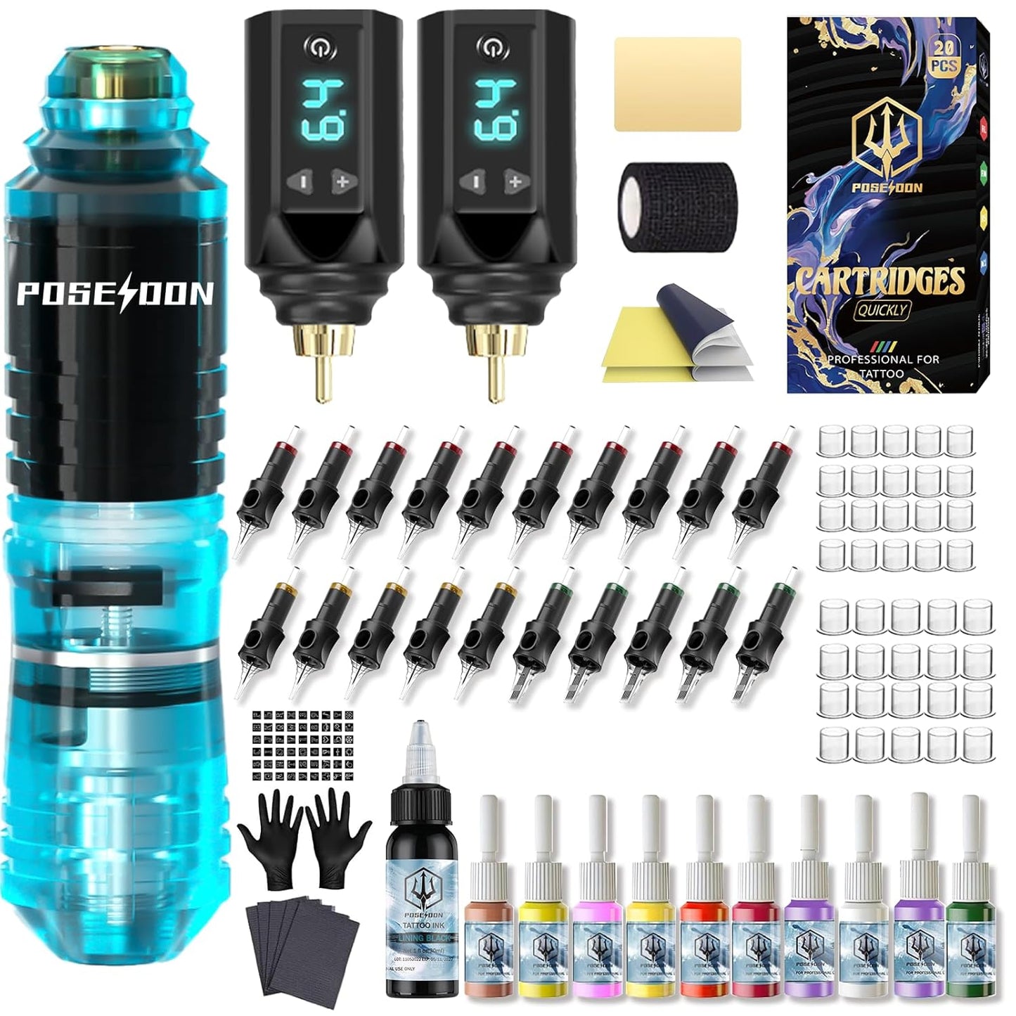 POSEIDON Cordless Tattoo Pen Kit with 2 1500mAh Batteries